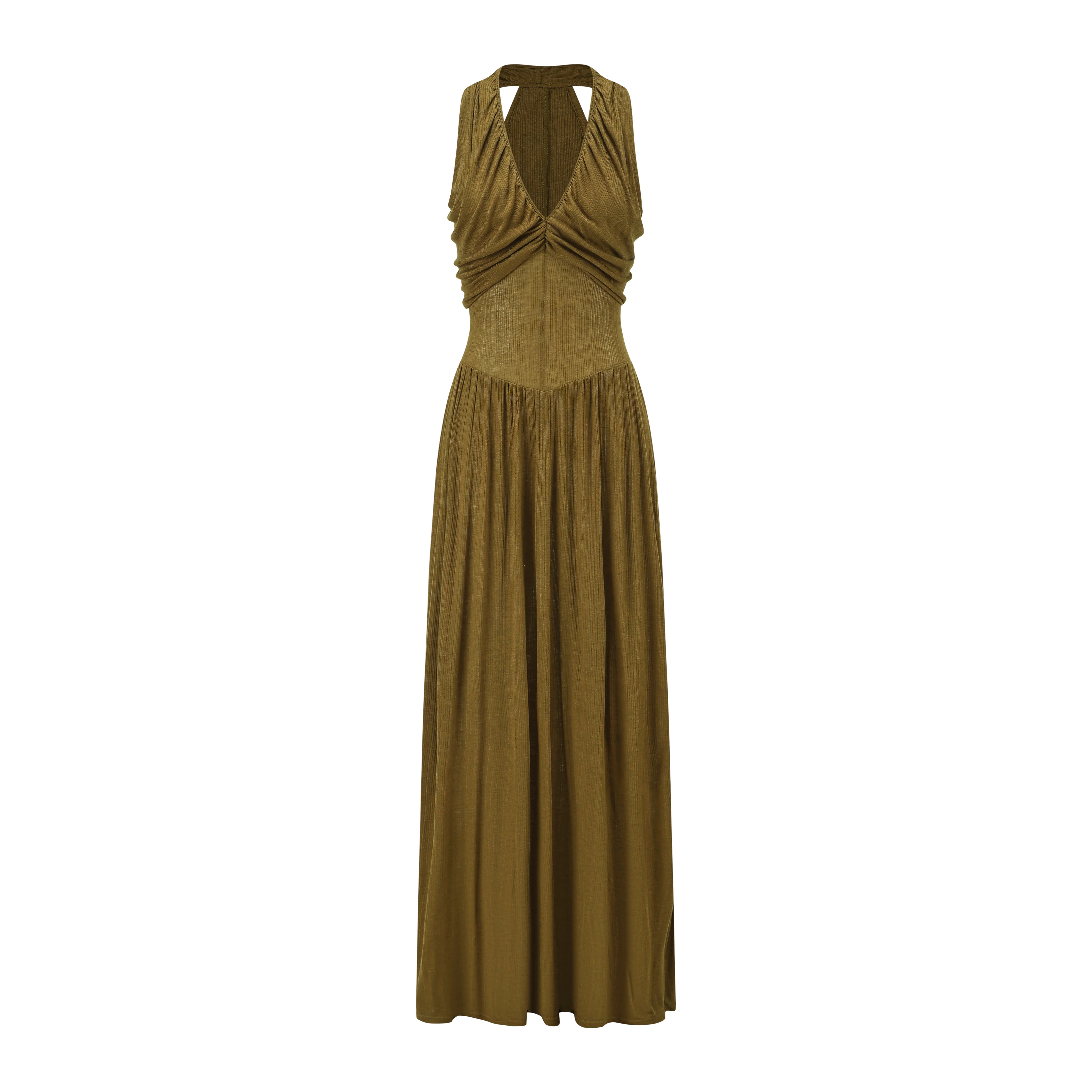 OUDE WAAG 26 Early Spring V-neck draped ribbed dress OW-26RS-DS03T2-GR540 Olive Green - Image 5