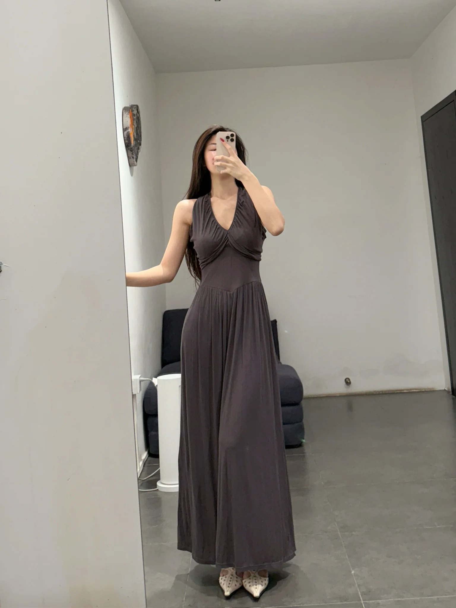 OUDE WAAG 26 Early Spring V-neck draped ribbed dress OW-26RS-DS03T2-GY860 Dark Grey - Image 14