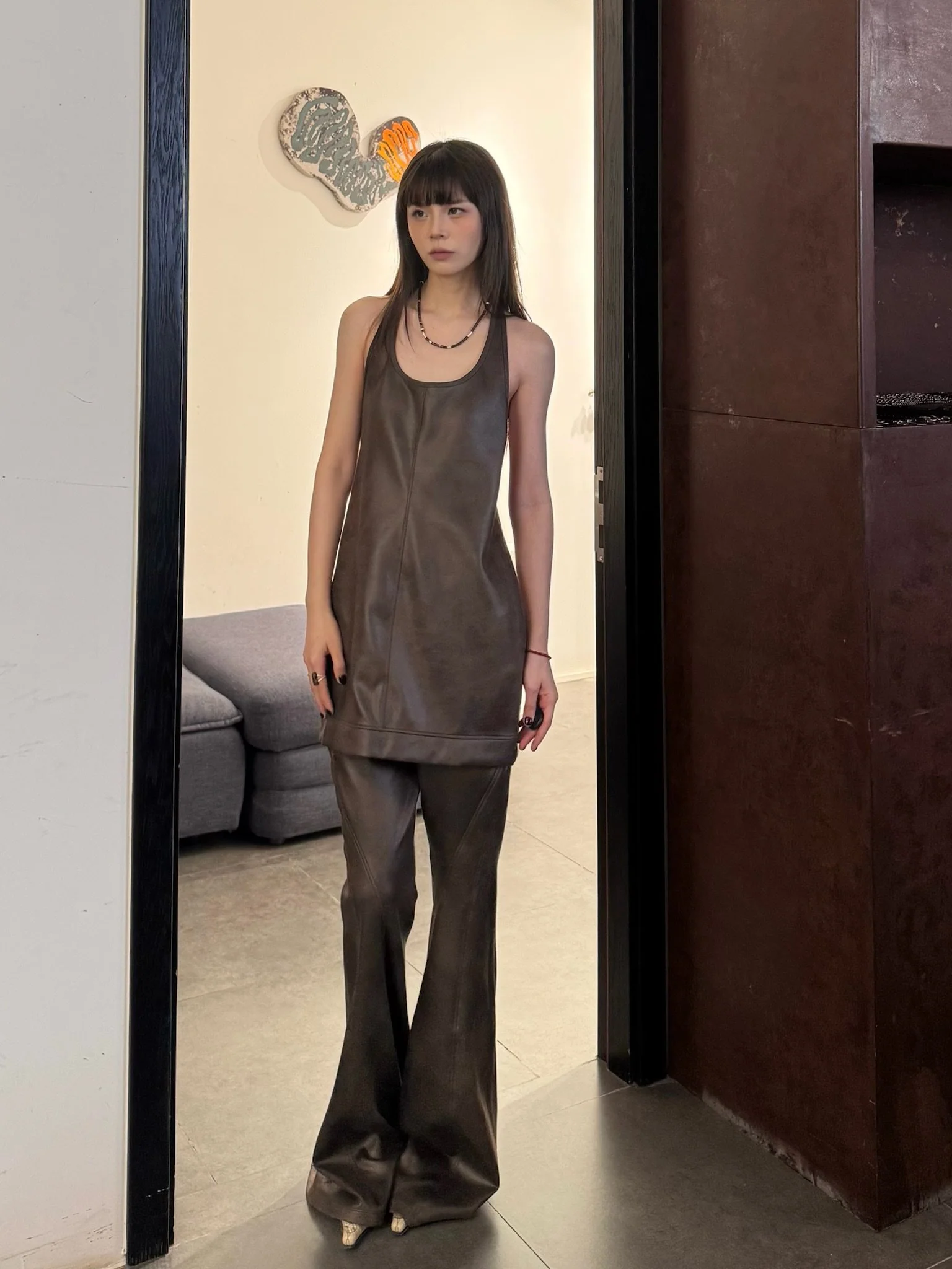 OUDE WAAG 26RS Stretch Eco-Friendly Leather Mini Dress/Flare Pants OW-OW-26RS-PT01-KF BR440 Coffee-Colored Pants (OW-26RS-DS07) - Image 11