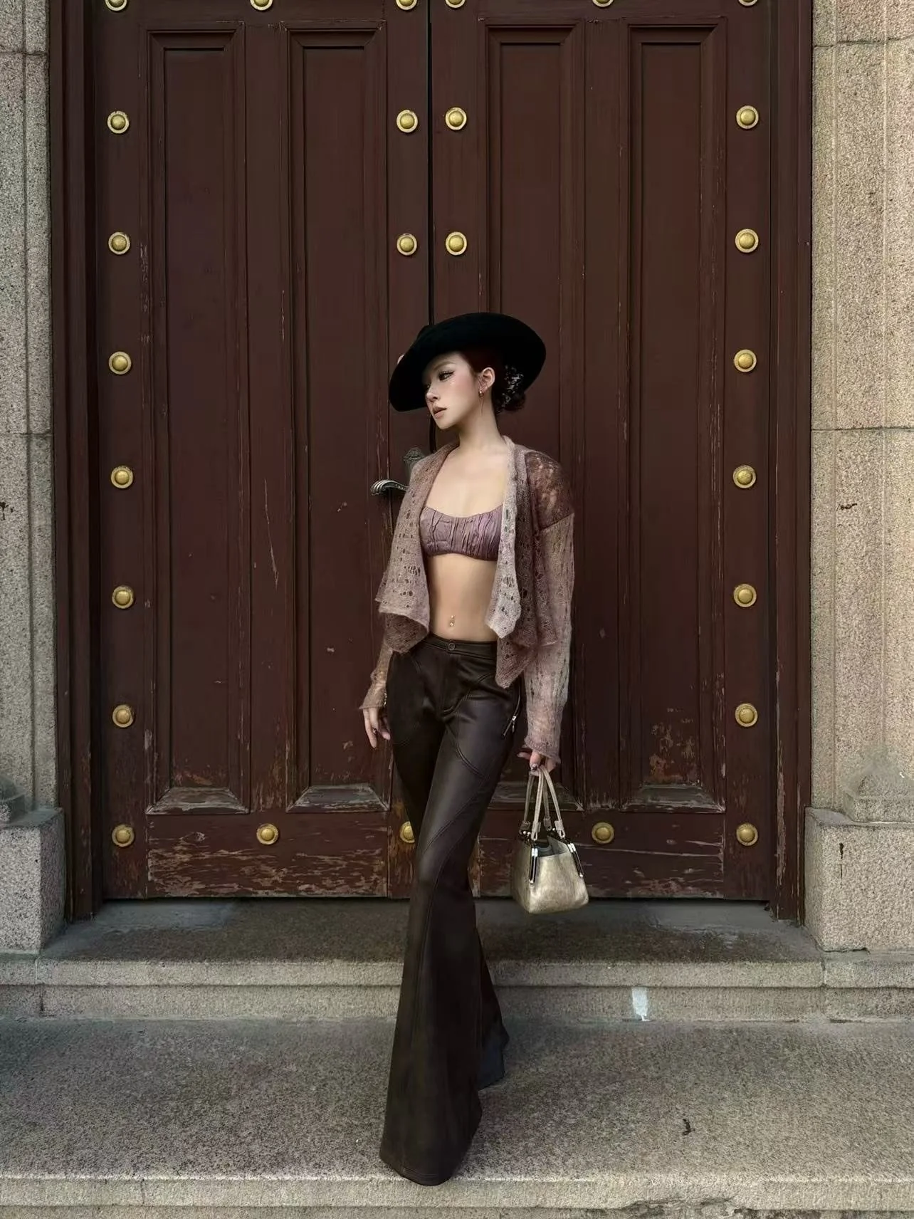 OUDE WAAG 26RS Stretch Eco-Friendly Leather Mini Dress/Flare Pants OW-OW-26RS-PT01-KF BR440 Coffee-Colored Pants (OW-26RS-DS07) - Image 12