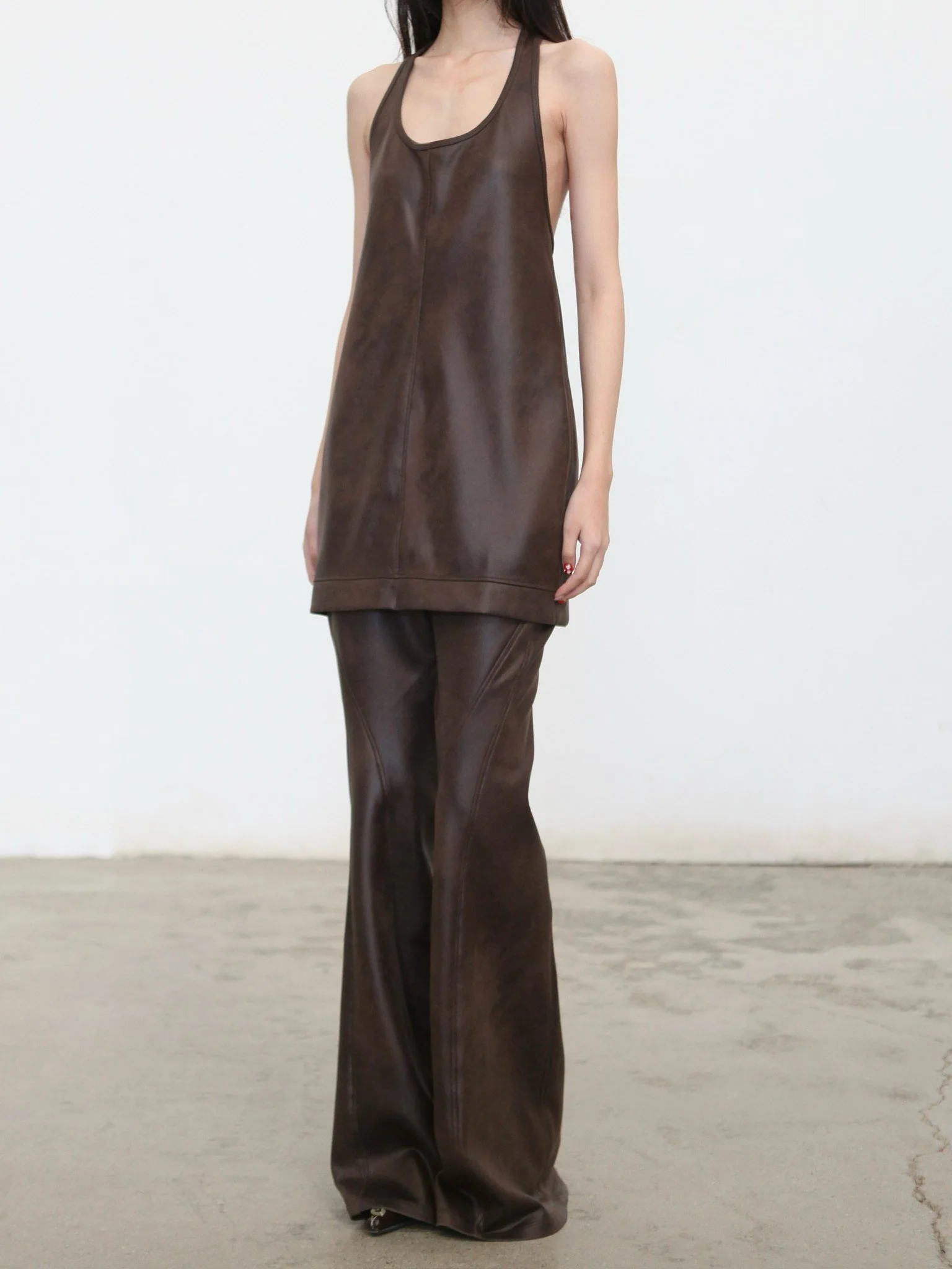 OUDE WAAG 26RS Stretch Eco-Friendly Leather Mini Dress/Flare Pants OW-OW-26RS-PT01-KF BR440 Coffee-Colored Pants (OW-26RS-DS07) - Image 8