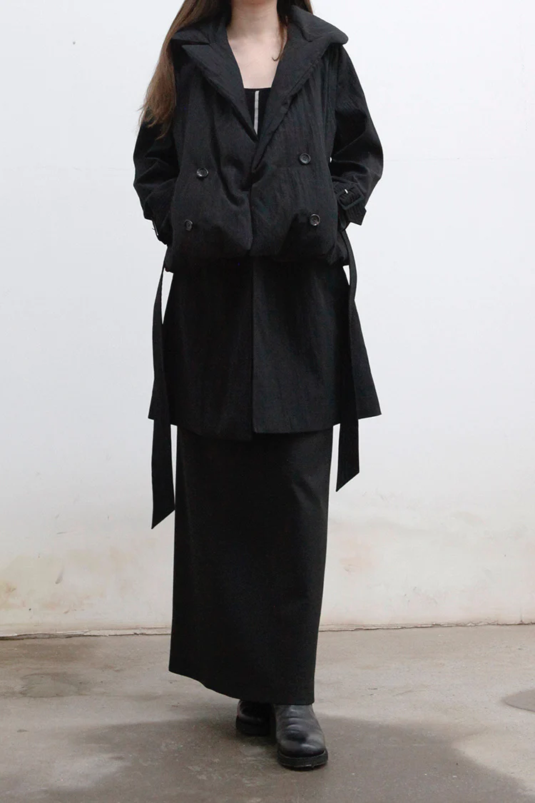 OUDE WAAG bright silk wool down trench coat OW-21AW-DJ01BL900 black POW16 - Image 4