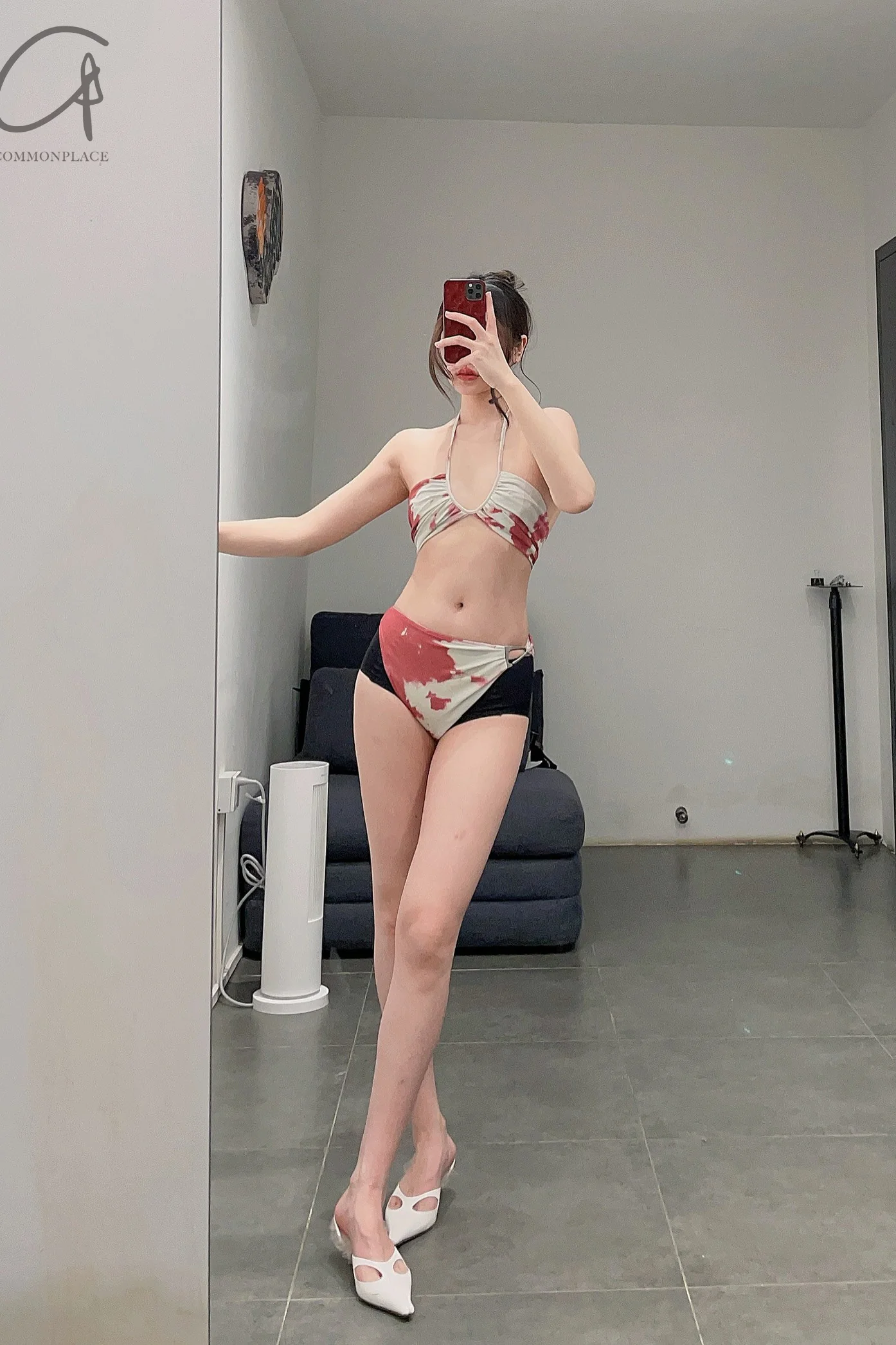 OUDE WAAG Buckle Asymmetric Printed Swim Shorts OW-23SS-SW05 Pink and White Printed - Image 7