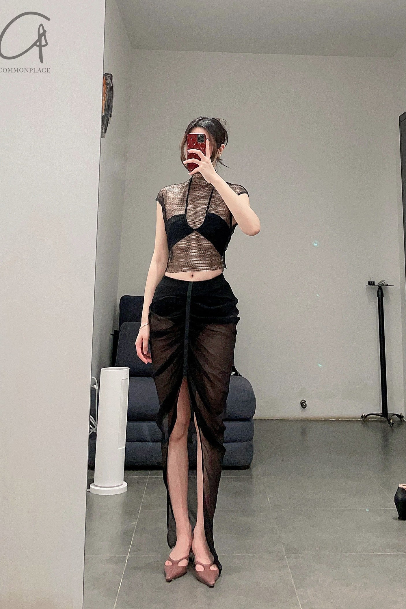 OUDE WAAG Chiffon Panel Pleated Skirt OW-23SS-SK13 Black - Image 9