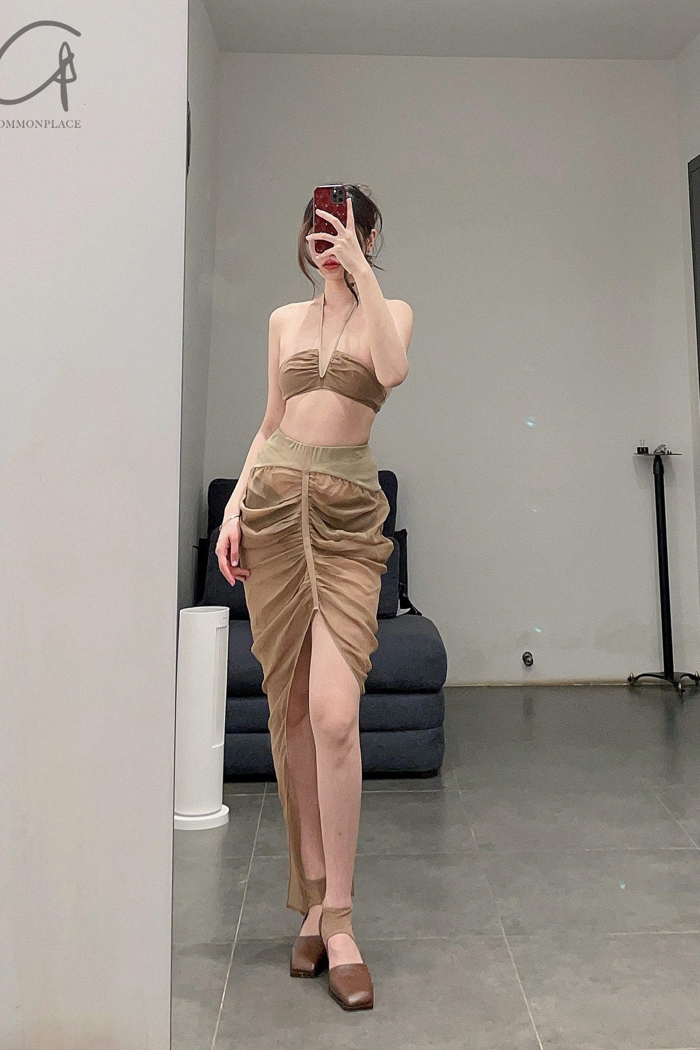 OUDE WAAG Chiffon panel pleated skirt OW-23SS-SK13 Khaki - Image 15