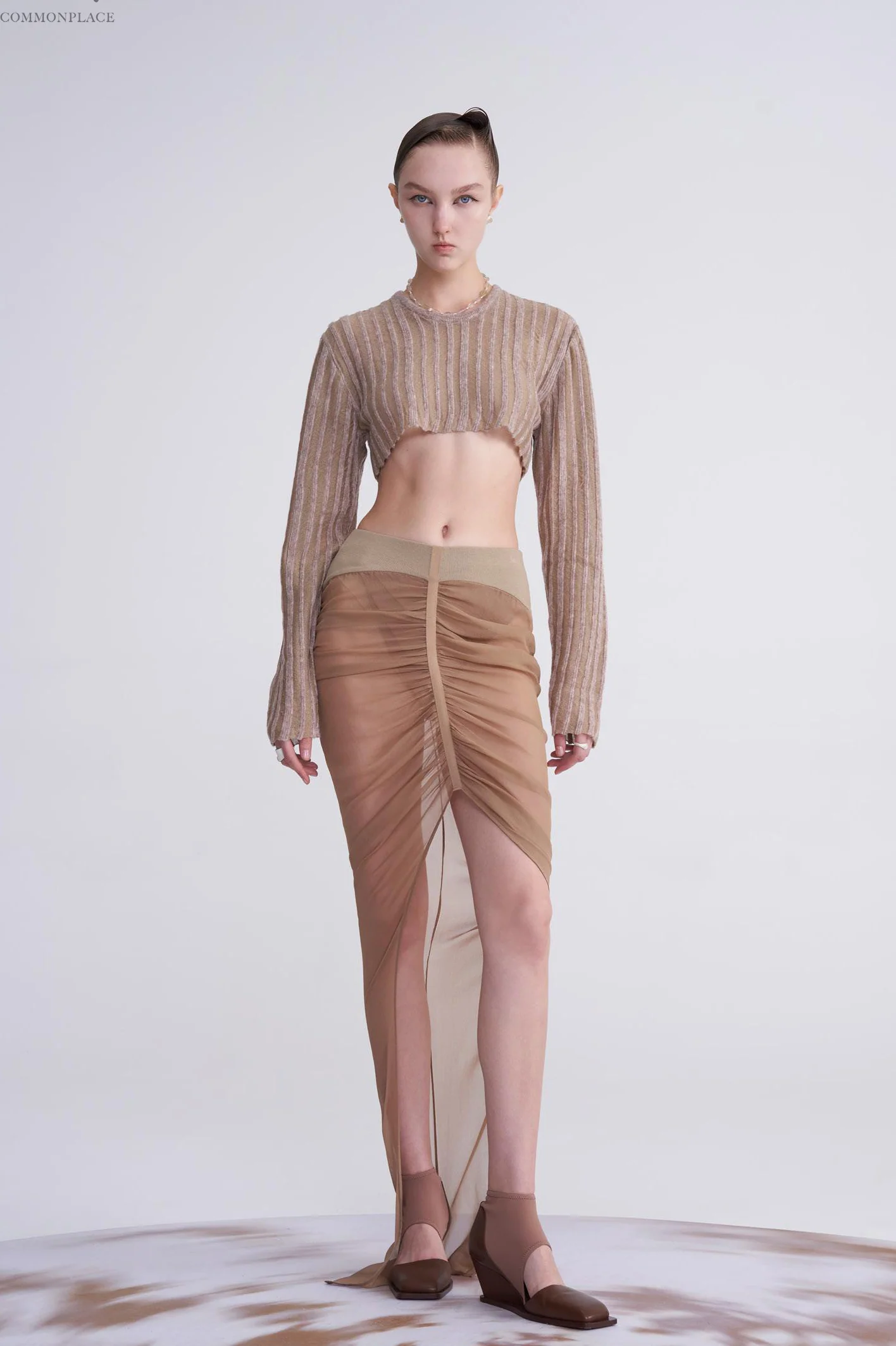 OUDE WAAG Chiffon panel pleated skirt OW-23SS-SK13 Khaki - Image 6