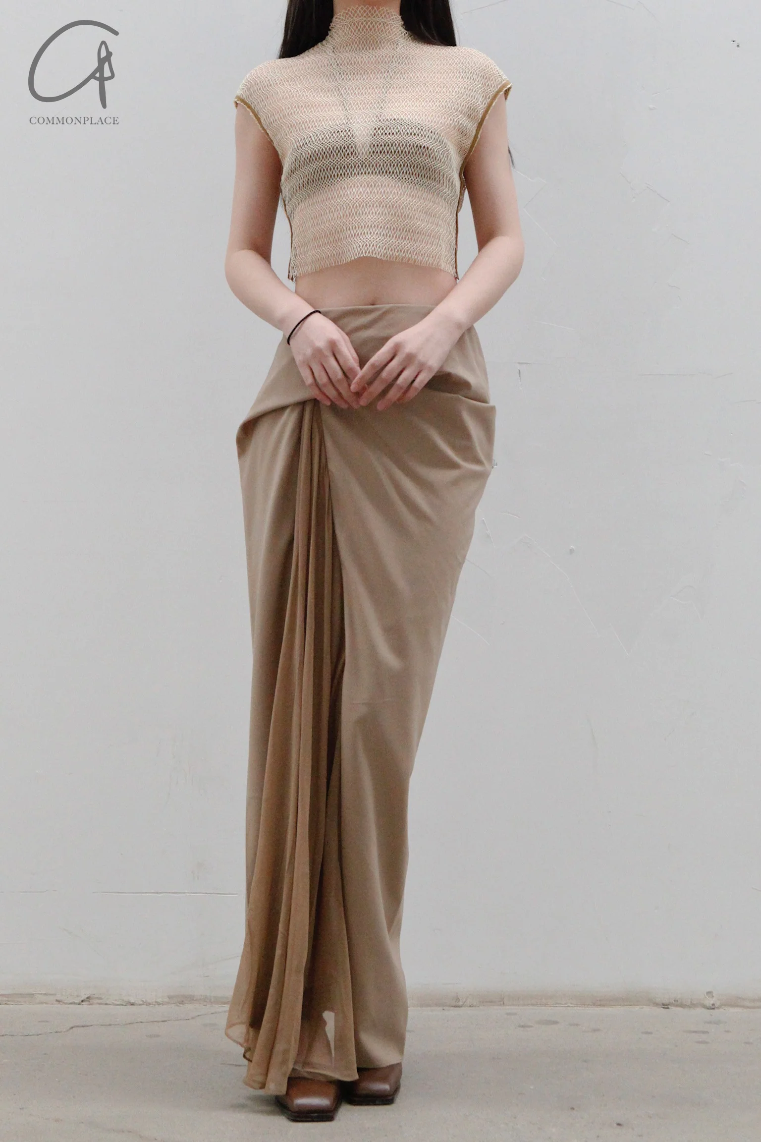 OUDE WAAG Chiffon Ruched Lace-Up Bra OW-23SS-AS13 Khaki - Image 13
