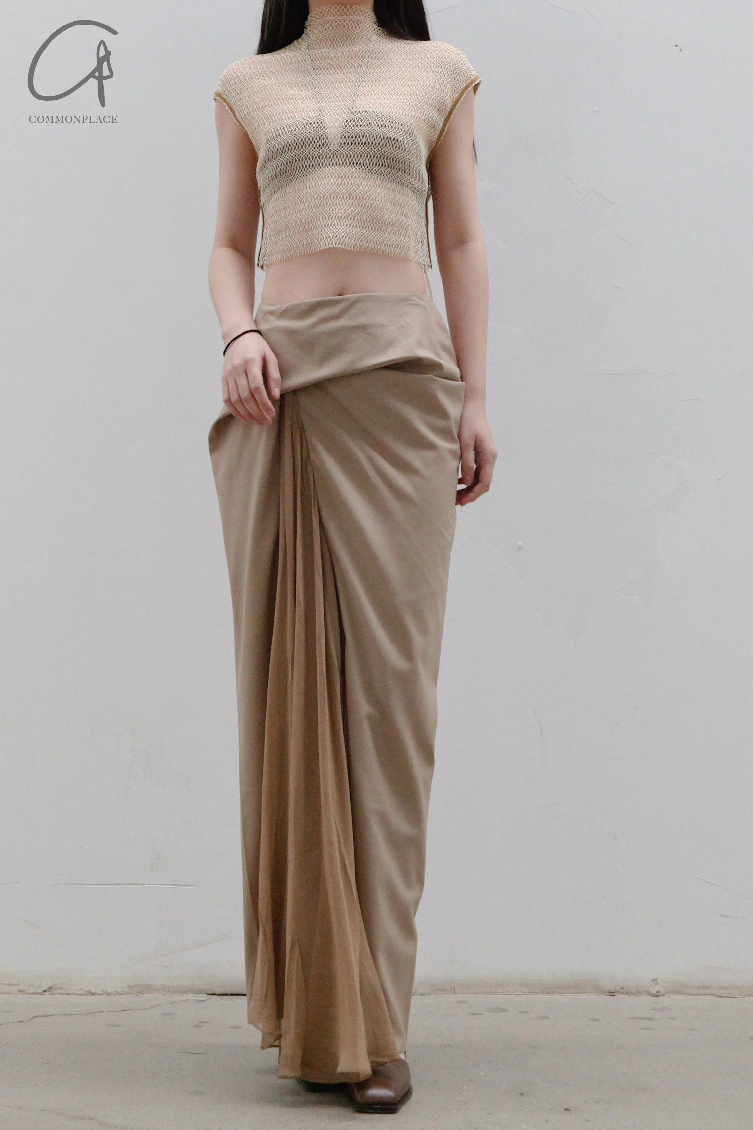 OUDE WAAG Chiffon Ruched Lace-Up Bra OW-23SS-AS13 Khaki - Image 14