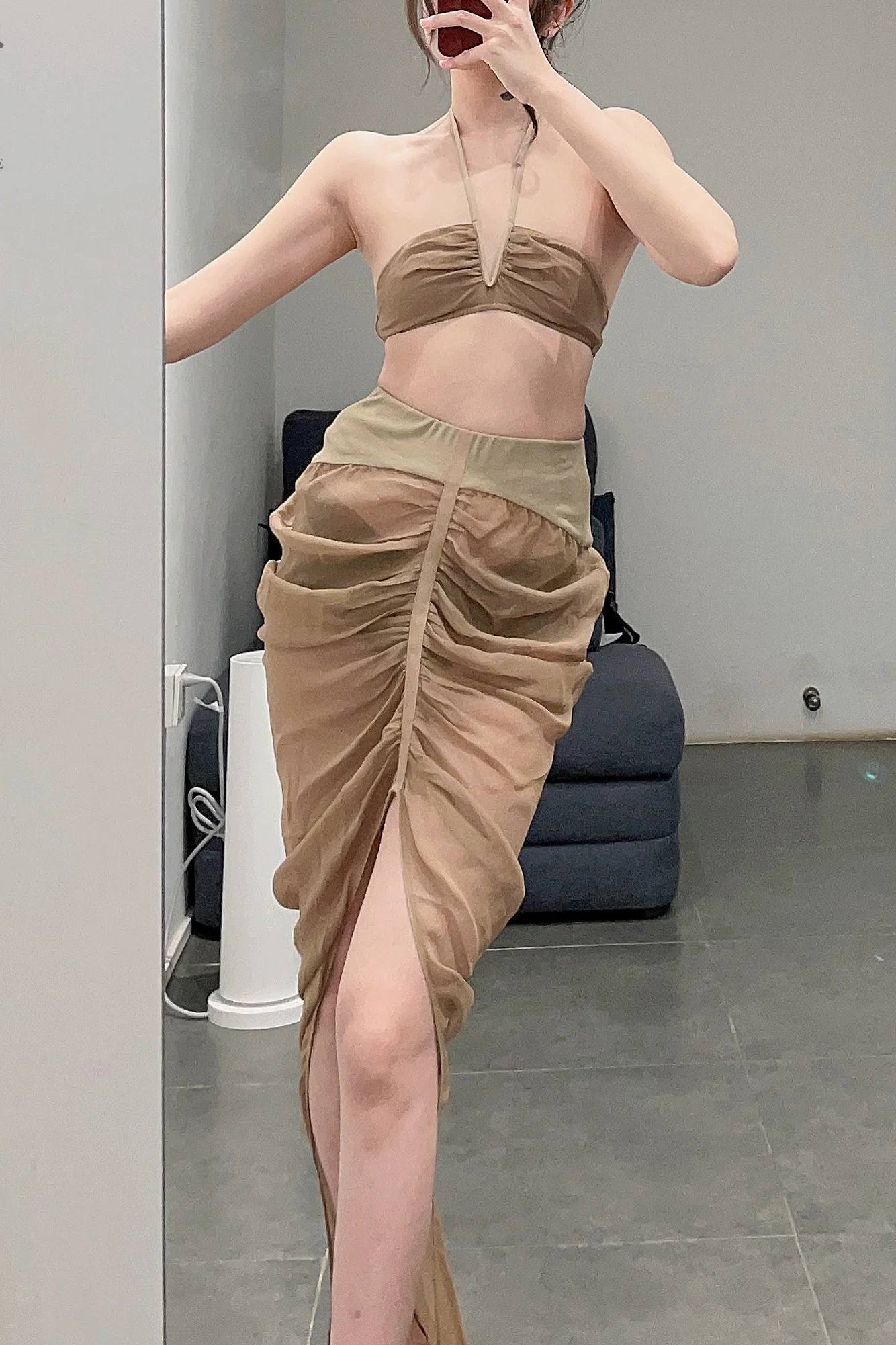 OUDE WAAG Chiffon Ruched Lace-Up Bra OW-23SS-AS13 Khaki - Image 18