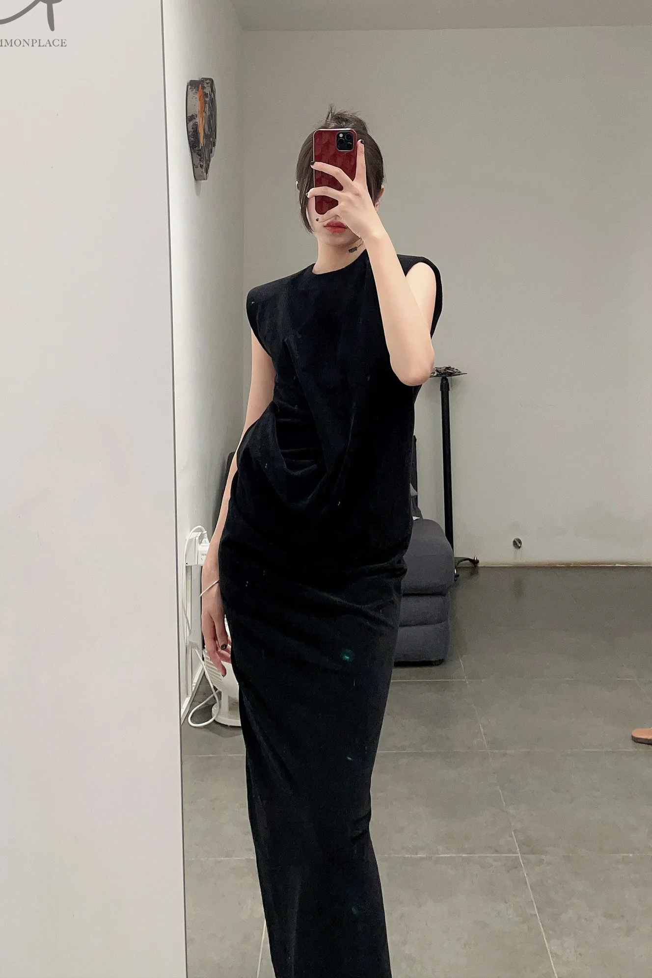 OUDE WAAG Corduroy Padded Shoulder Drape Dress OW-22AW-DS11 Black - Image 7