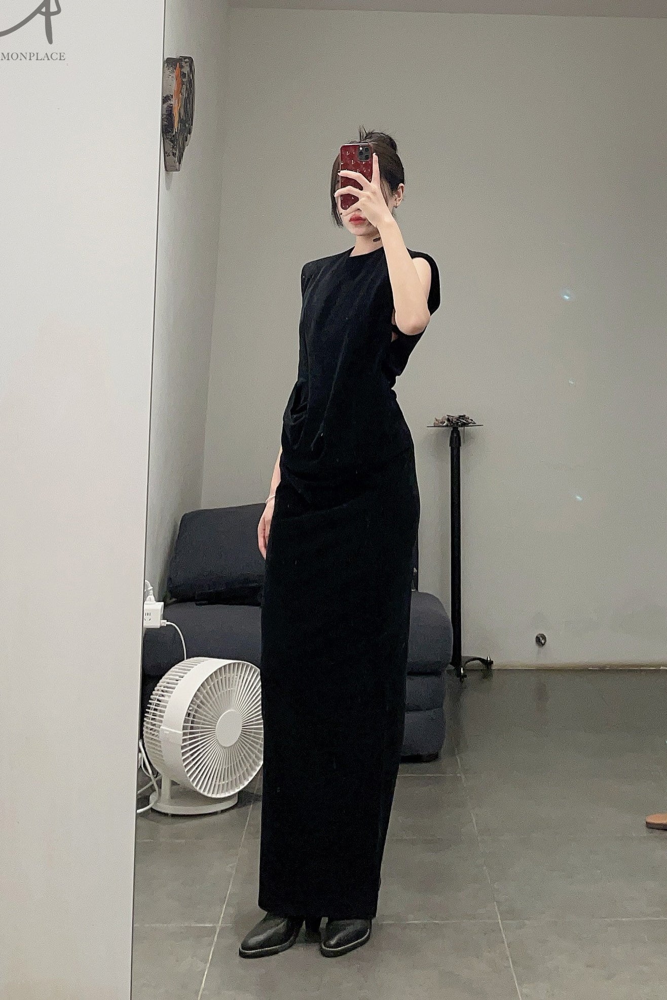 OUDE WAAG Corduroy Padded Shoulder Drape Dress OW-22AW-DS11 Black - Image 9