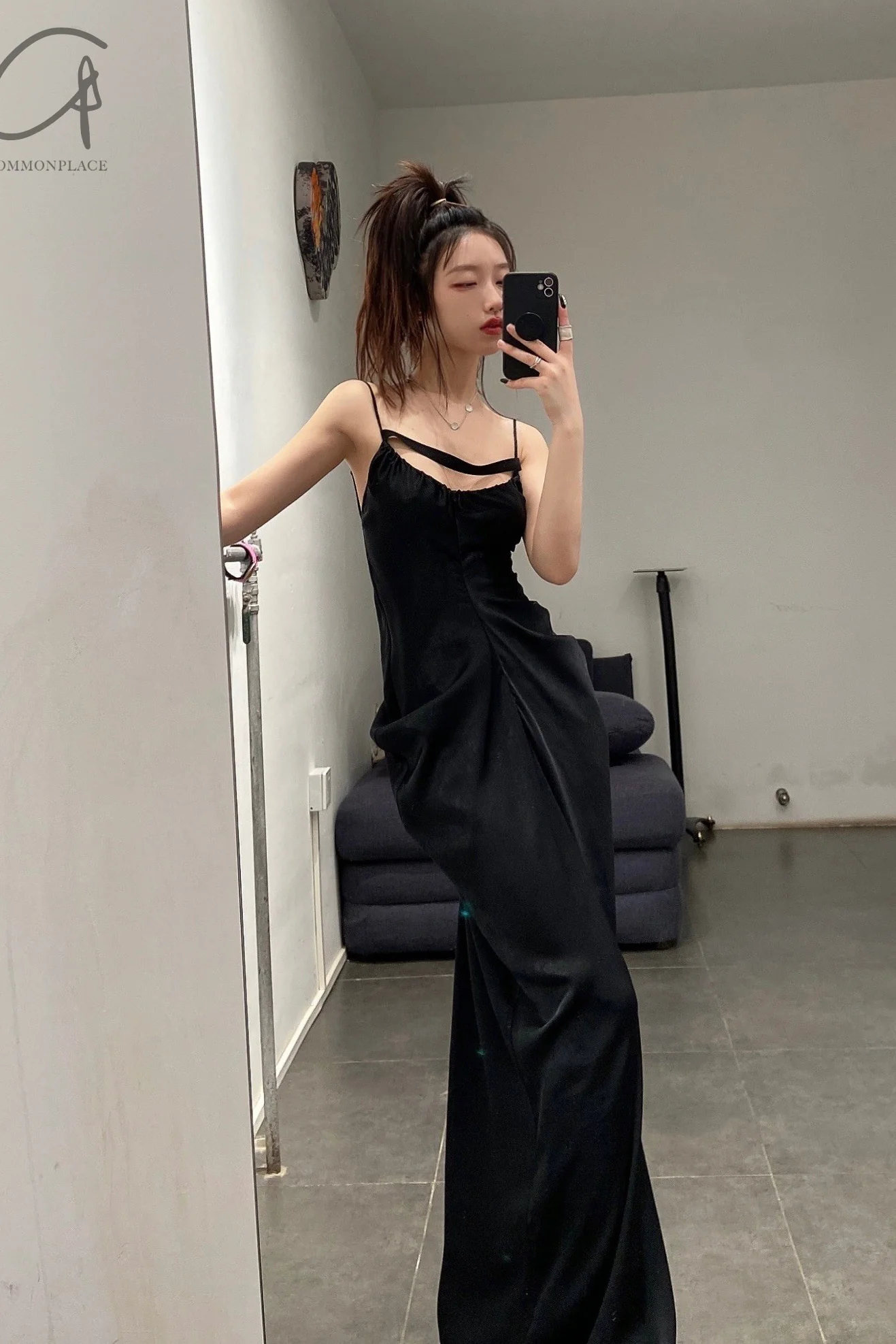 OUDE WAAG Draped Waist Open Back Dress OW-22SS-DS08 Black - Image 8