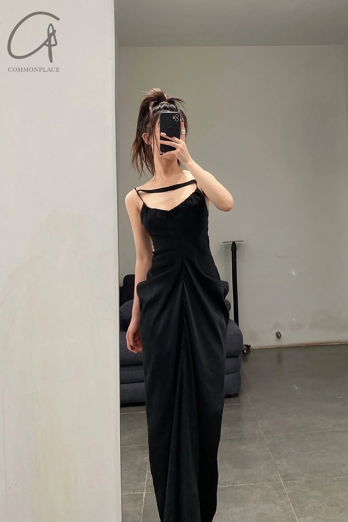 OUDE WAAG Draped Waist Open Back Dress OW-22SS-DS08 Black - Image 9