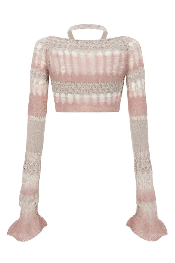 OUDE WAAG fisherman halter neck knitted cardigan OW-24SS-KT04 pink and white - Image 6