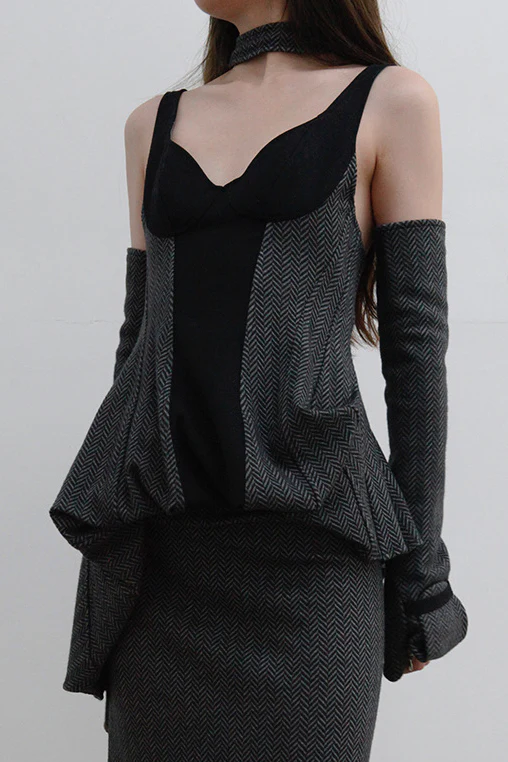 OUDE WAAG Herringbone Wool Panel Dress OW-21AW-DS05GY089 Gray Black POW7