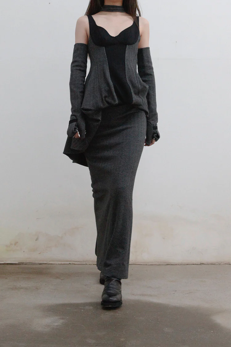 OUDE WAAG Herringbone Wool Panel Dress OW-21AW-DS05GY089 Gray Black POW7 - Image 3