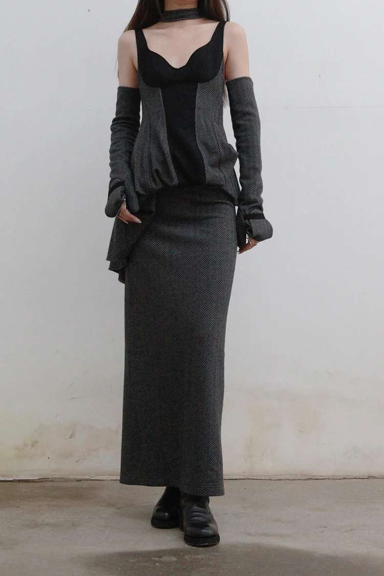 OUDE WAAG Herringbone Wool Panel Dress OW-21AW-DS05GY089 Gray Black POW7 - Image 4