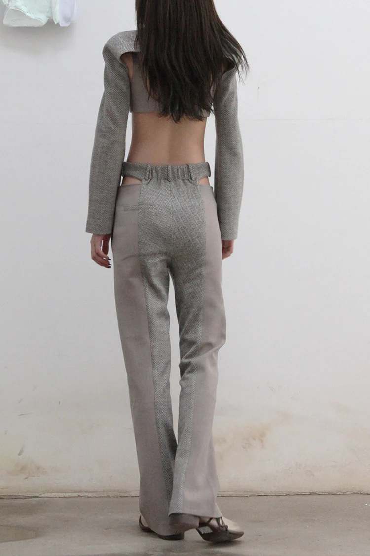 OUDE WAAG Herringbone Wool Round Shoulder Flare Sleeves OW-21AW-AS03 Light Grey - Image 4