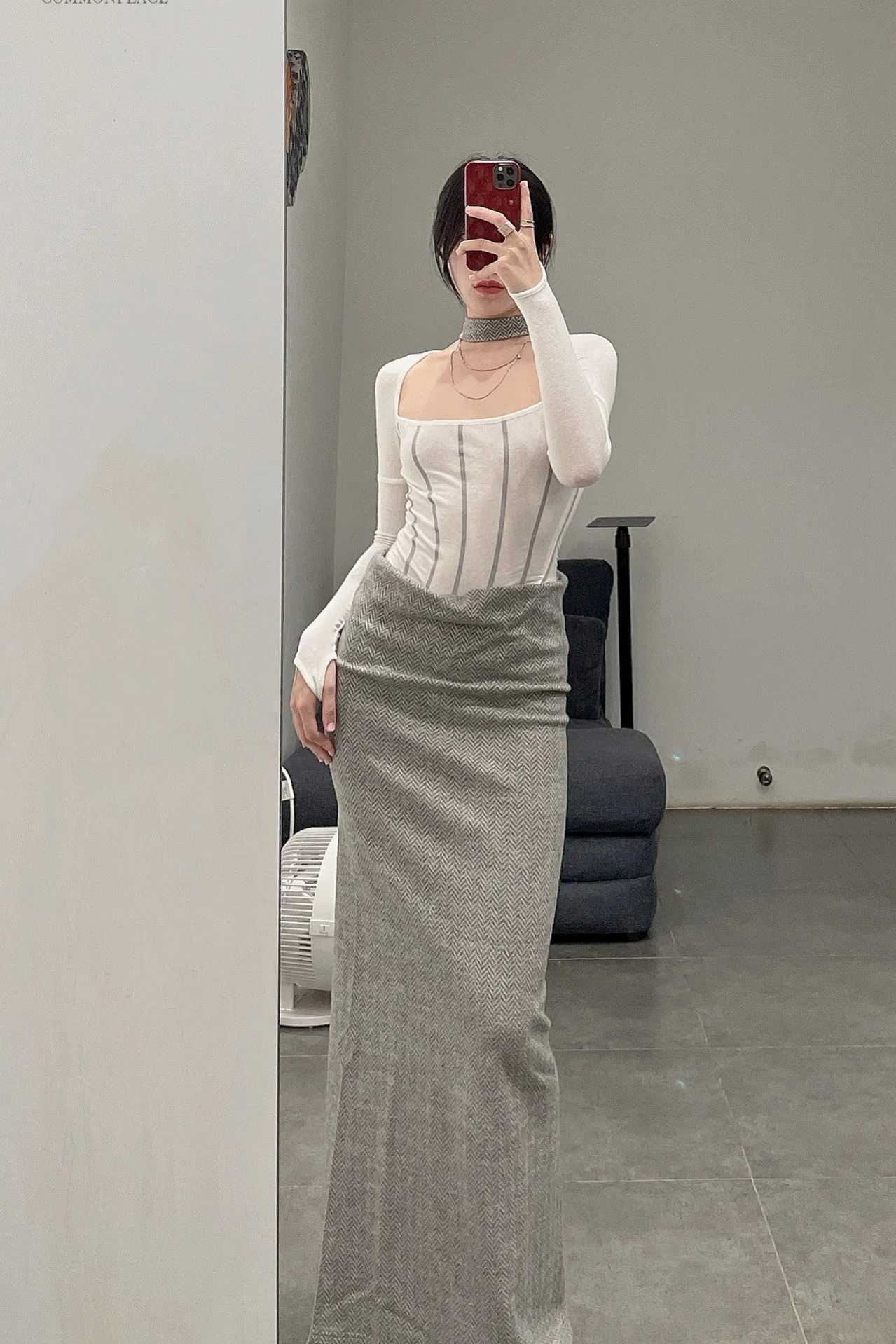 OUDE WAAG herringbone wool skirt around the neck OW-21AW-SK03GY840 light gray POW9 - Image 32