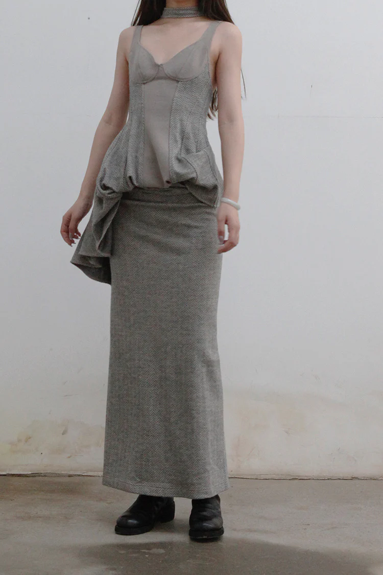 OUDE WAAG herringbone wool skirt around the neck OW-21AW-SK03GY840 light gray POW9 - Image 8