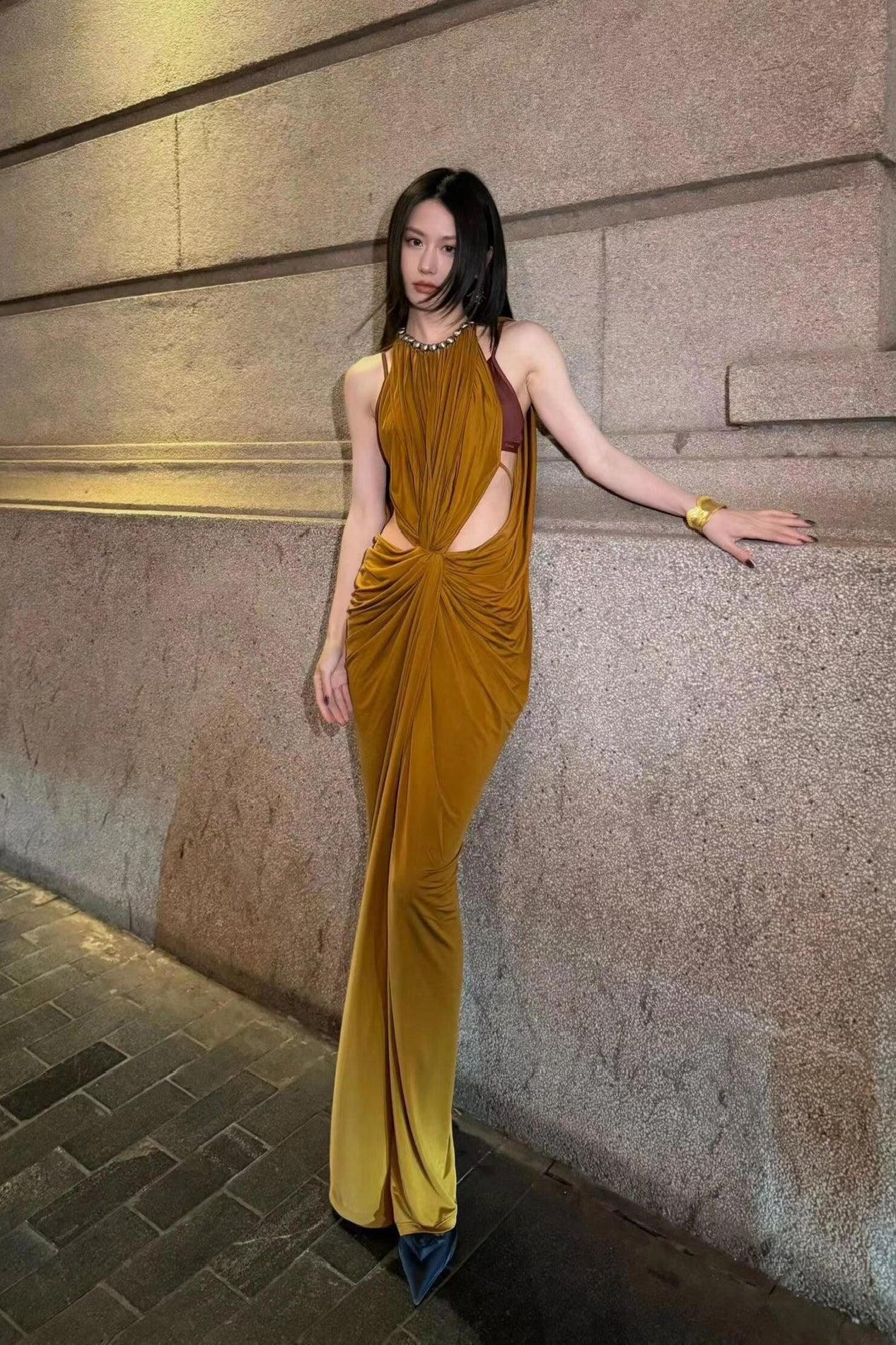 OUDE WAAG knitted cupro pearl dress OW-OW-24SS-DS05-JIANGHUANG turmeric - Image 13