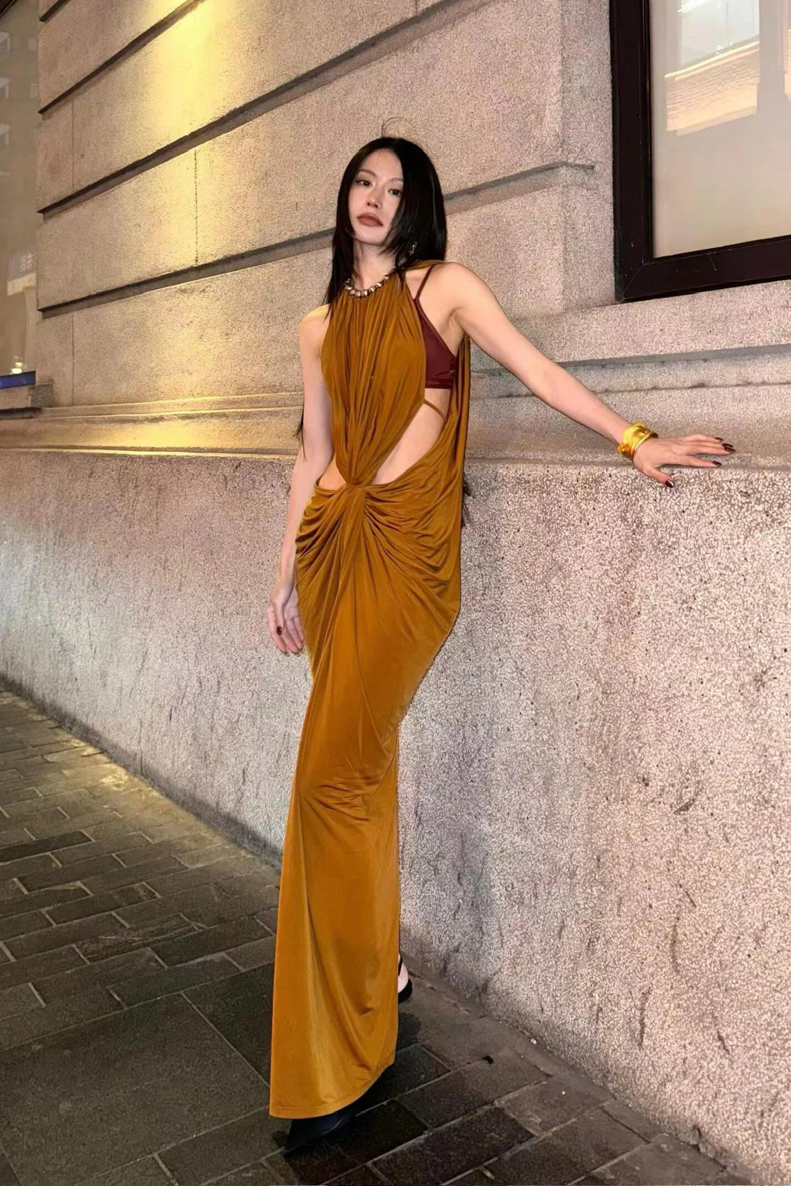 OUDE WAAG knitted cupro pearl dress OW-OW-24SS-DS05-JIANGHUANG turmeric - Image 15