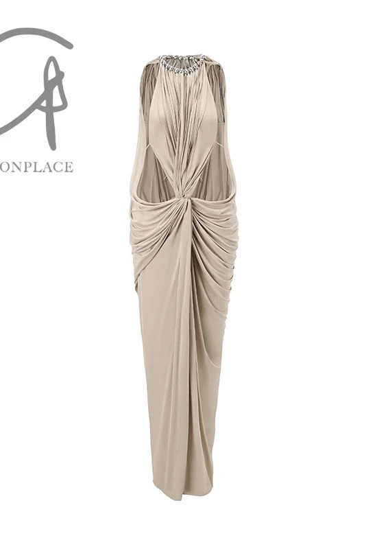 OUDE WAAG knitted cupro pearl dress OW-OW-24SS-DS05-MIHUI beige gray - Image 2