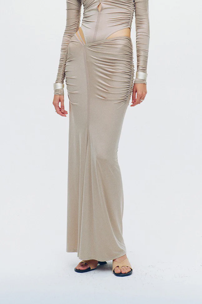 OUDE WAAG knitted cupro pleated skirt OW-24SS-SK01 beige gray