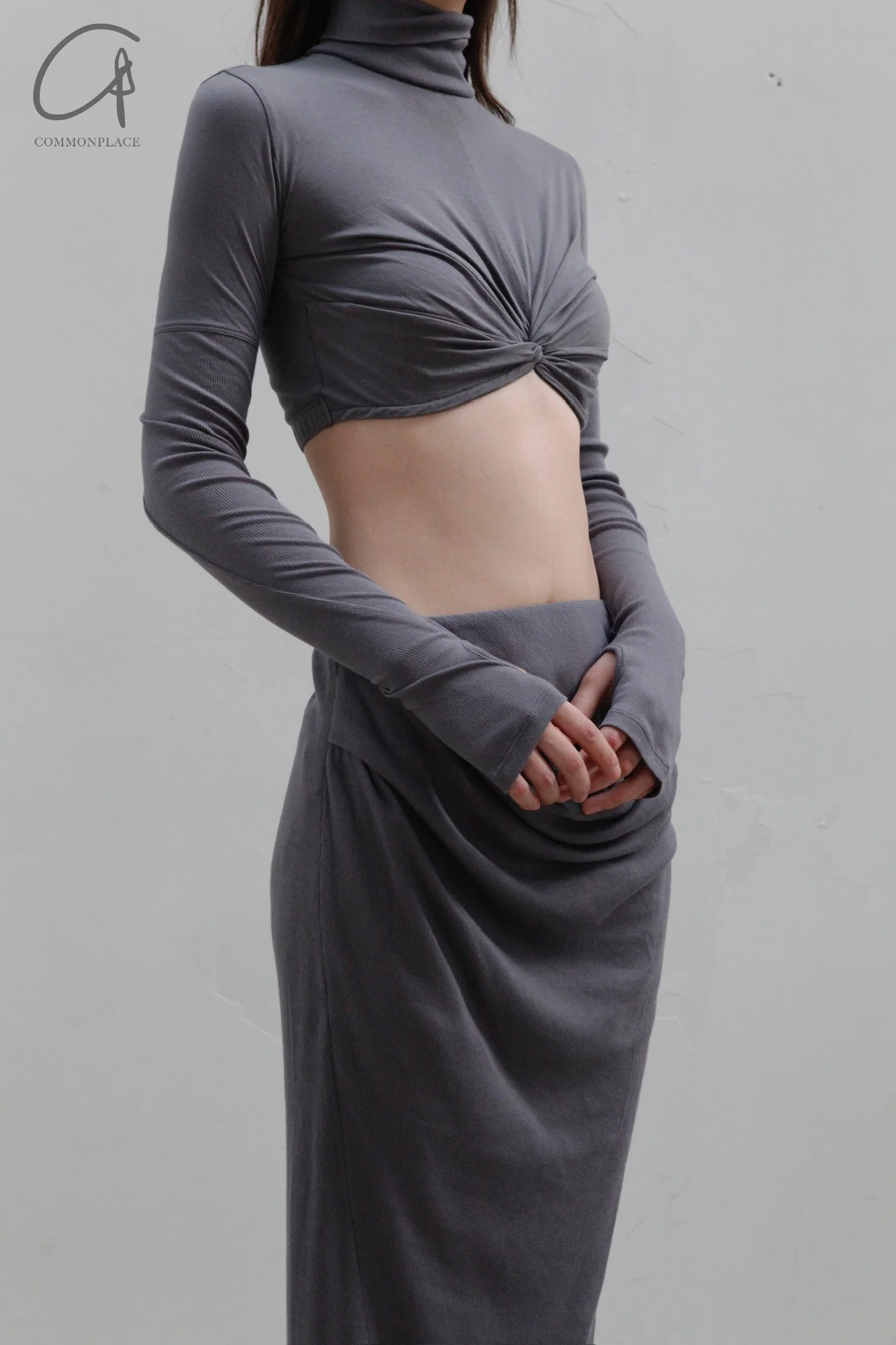 OUDE WAAG Knotted Panel Turtleneck Bolero OW-23AW-TP02C1BU680 Gray Blue - Image 2