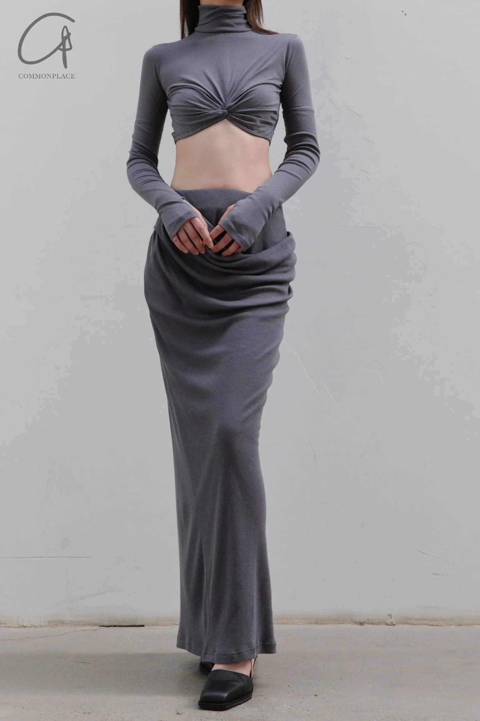 OUDE WAAG Knotted Panel Turtleneck Bolero OW-23AW-TP02C1BU680 Gray Blue - Image 5