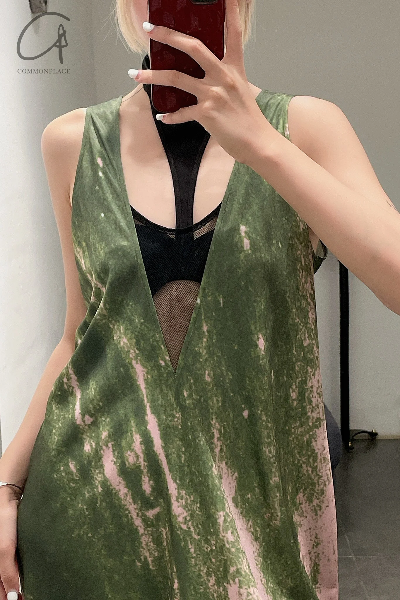 OUDE WAAG Mesh Panel Print Dress OW-22AW-DS01 Green Pink Print - Image 10