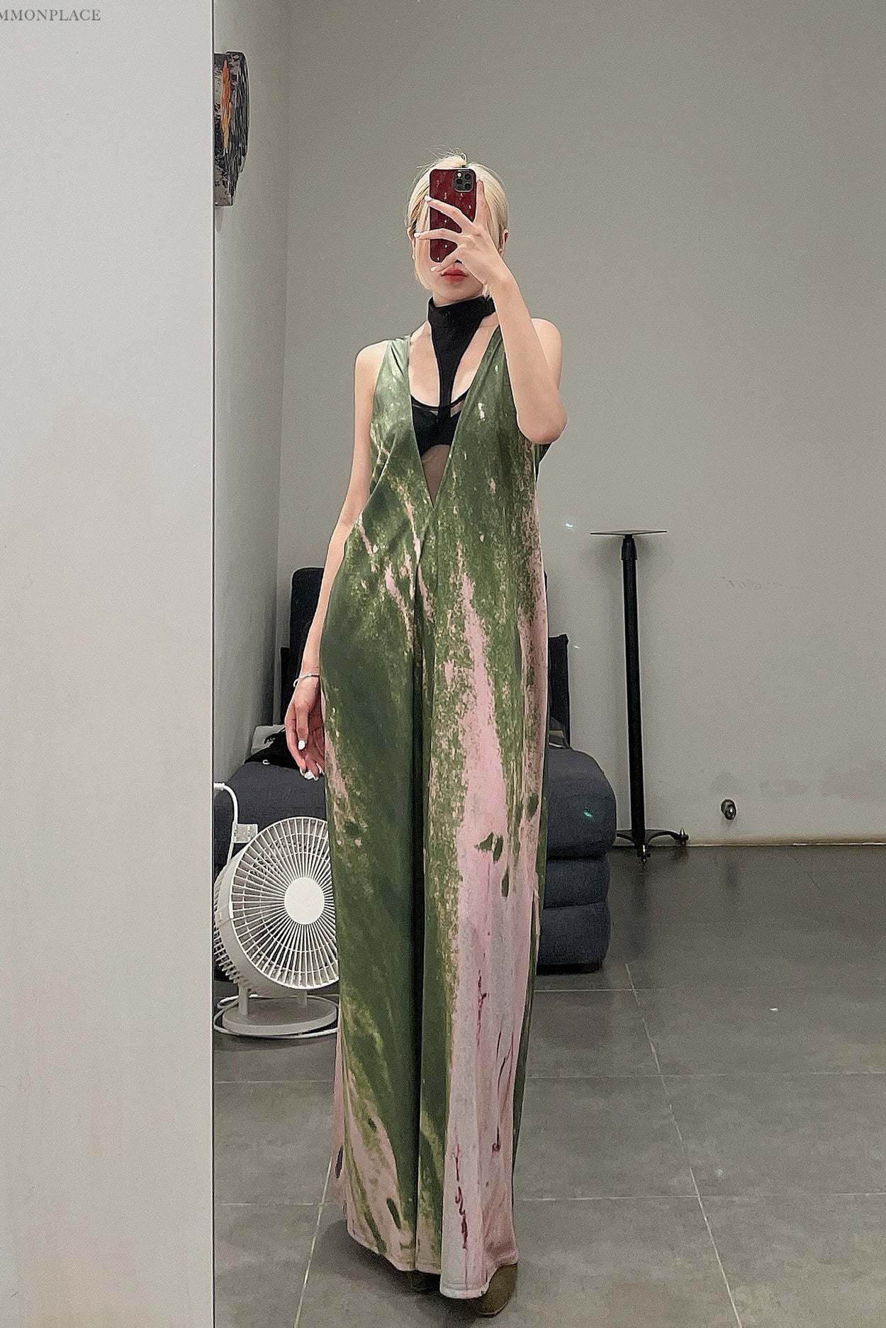OUDE WAAG Mesh Panel Print Dress OW-22AW-DS01 Green Pink Print - Image 15