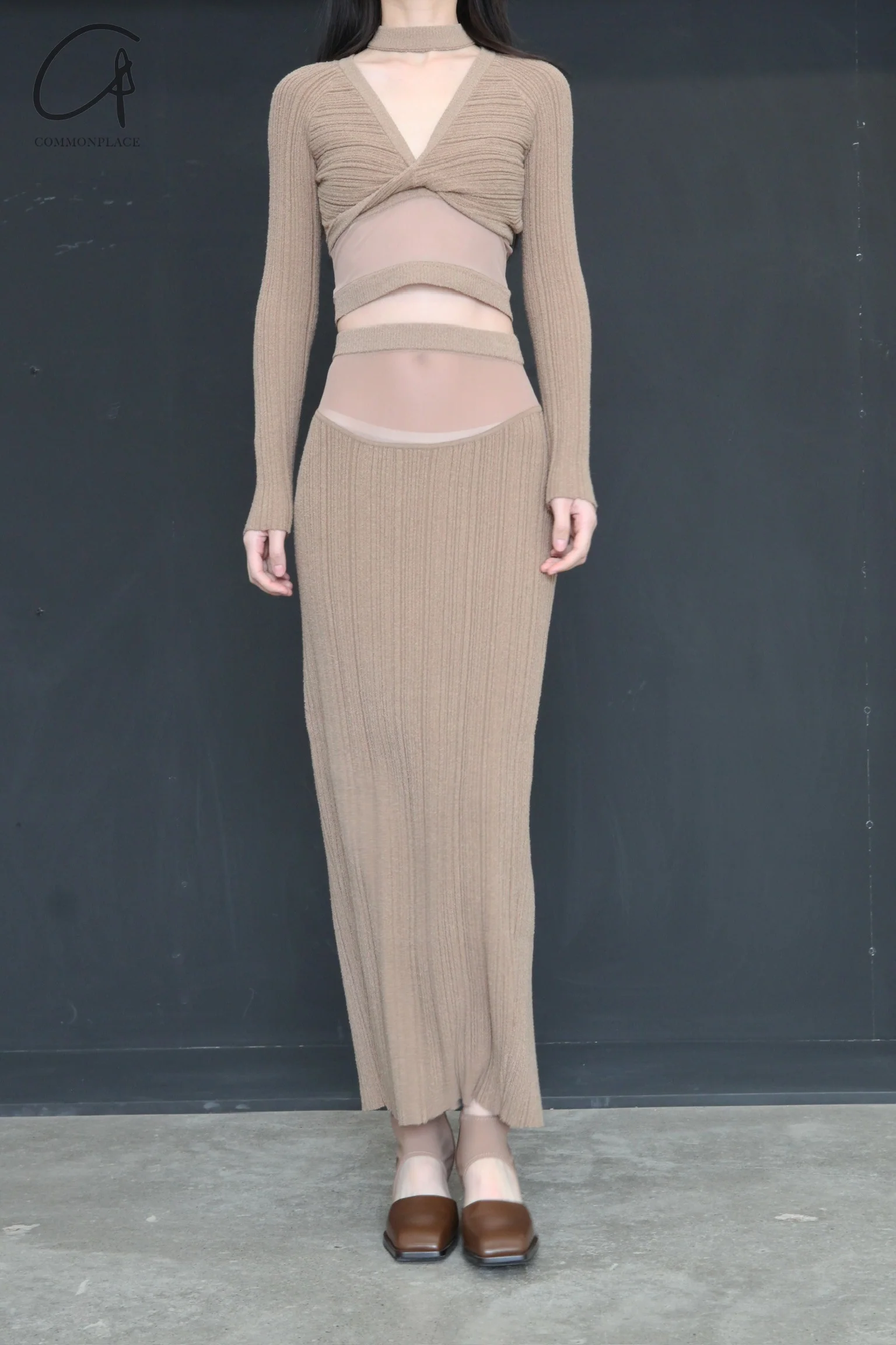 OUDE WAAG mesh patchwork knitted straight skirt OW-24SS-KS01 Khaki - Image 2