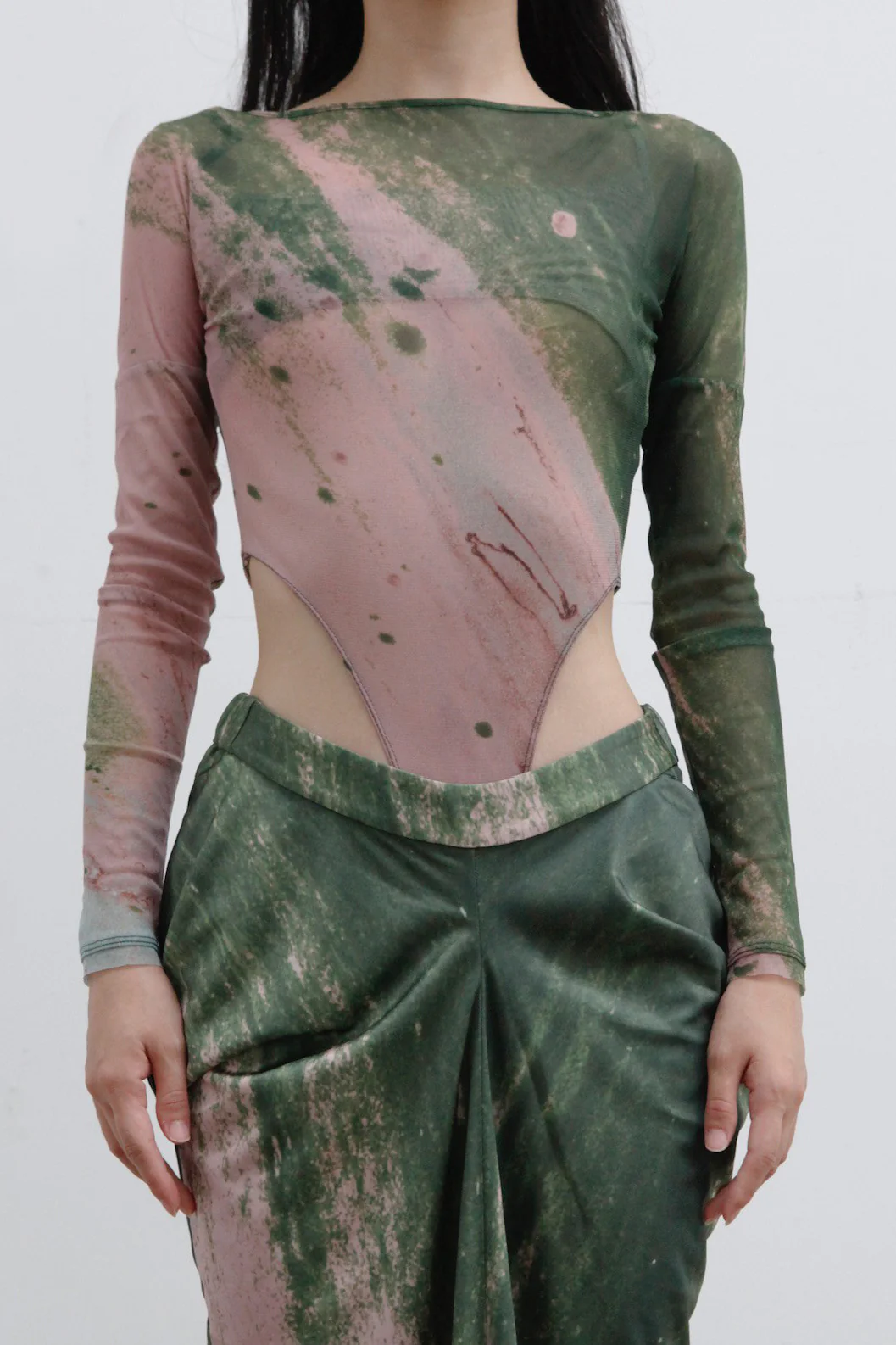 OUDE WAAG Mesh Print Bodysuit OW-22AW-BD02 Green Pink Print