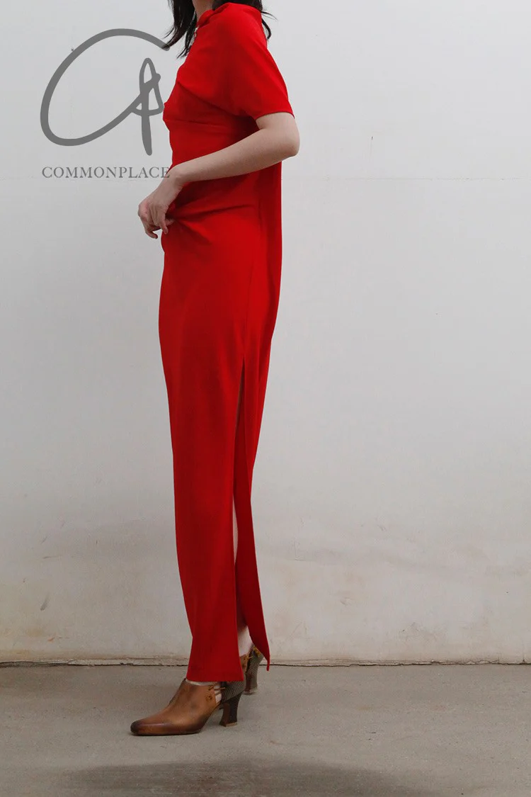 OUDE WAAG One Sleeve Draped Dress OW-22SS-DS01 Red - Image 4