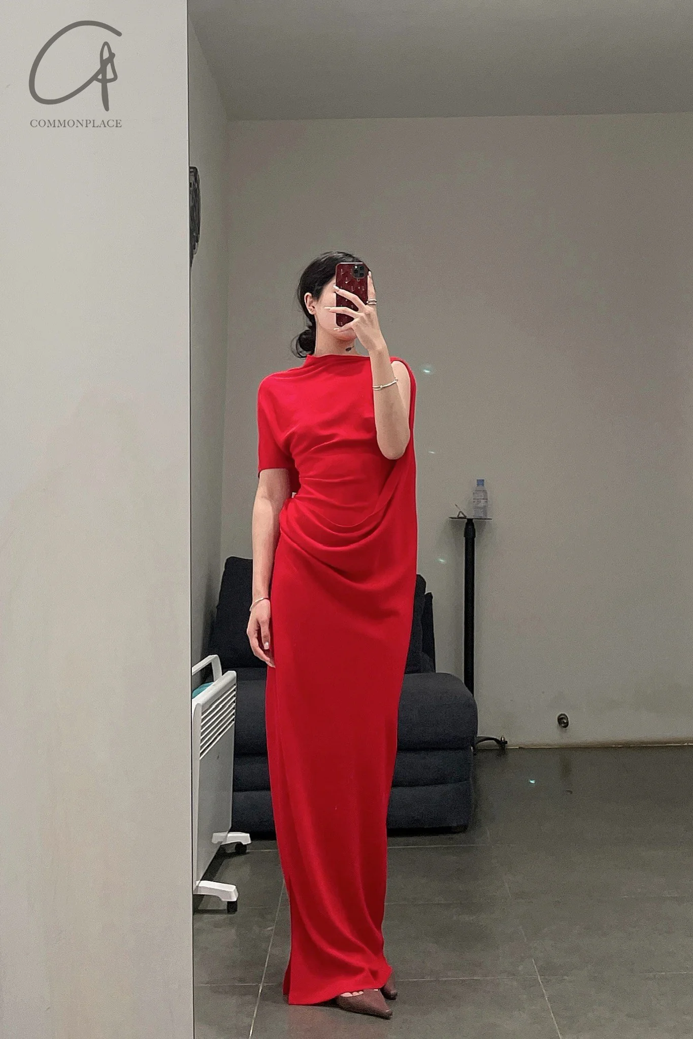 OUDE WAAG One Sleeve Draped Dress OW-22SS-DS01 Red - Image 9