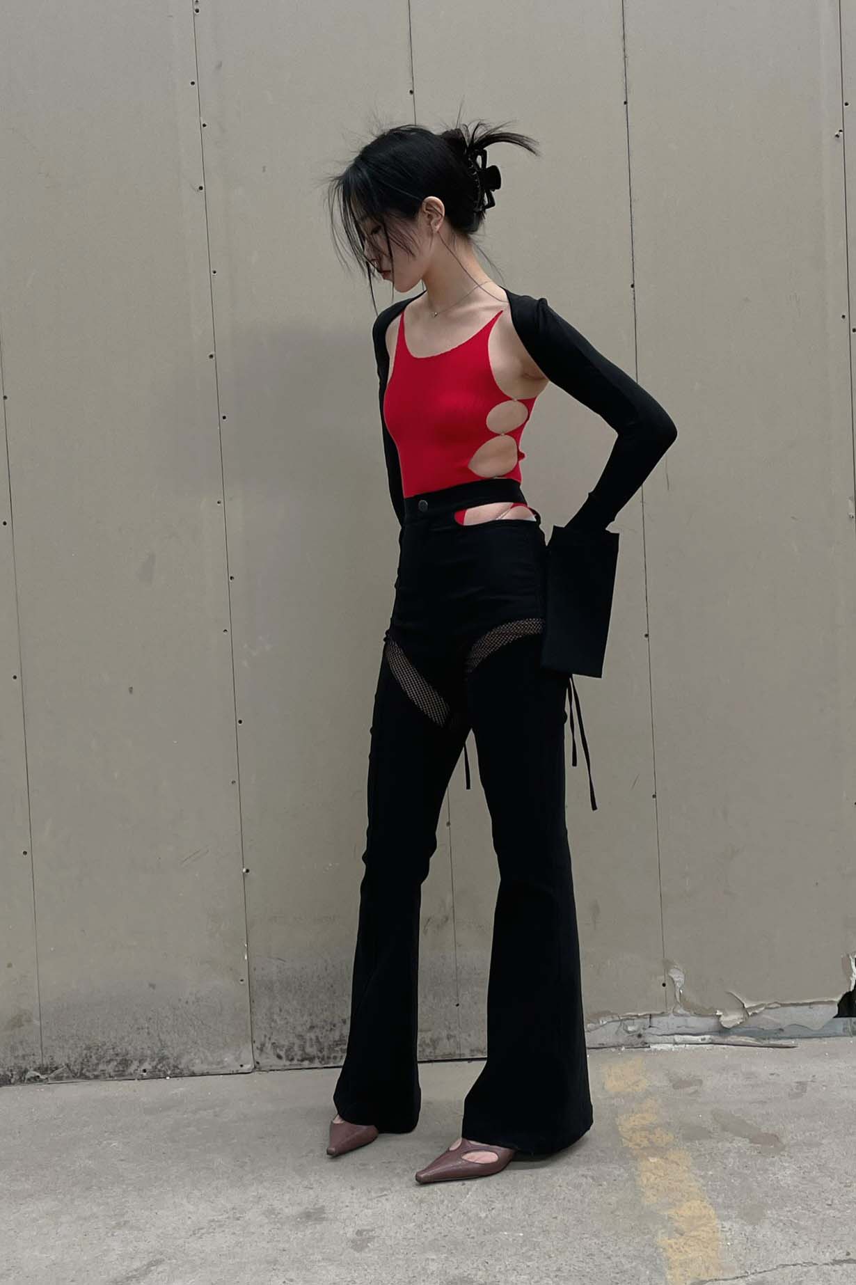 OUDE WAAG Open waist paneled flared trousers OW-22SS-PT07 black - Image 12