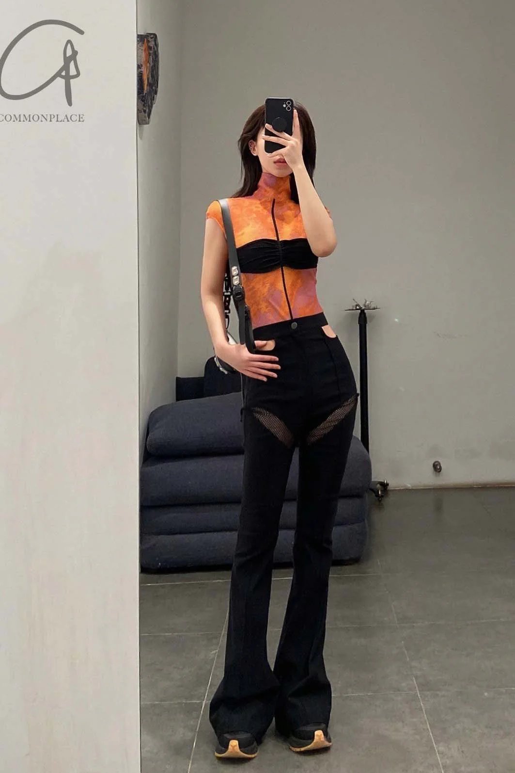 OUDE WAAG Open waist paneled flared trousers OW-22SS-PT07 black - Image 17