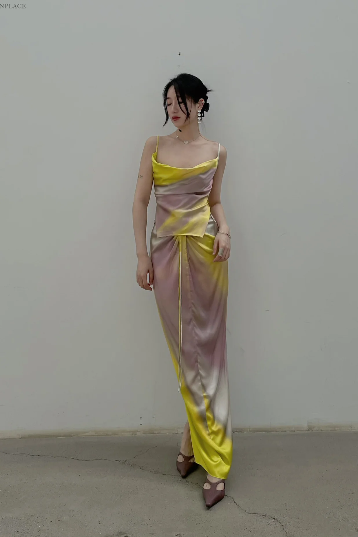 OUDE WAAG Printed Knotted Drape Skirt OW-22SS-SK04 Yellow Grey - Image 29