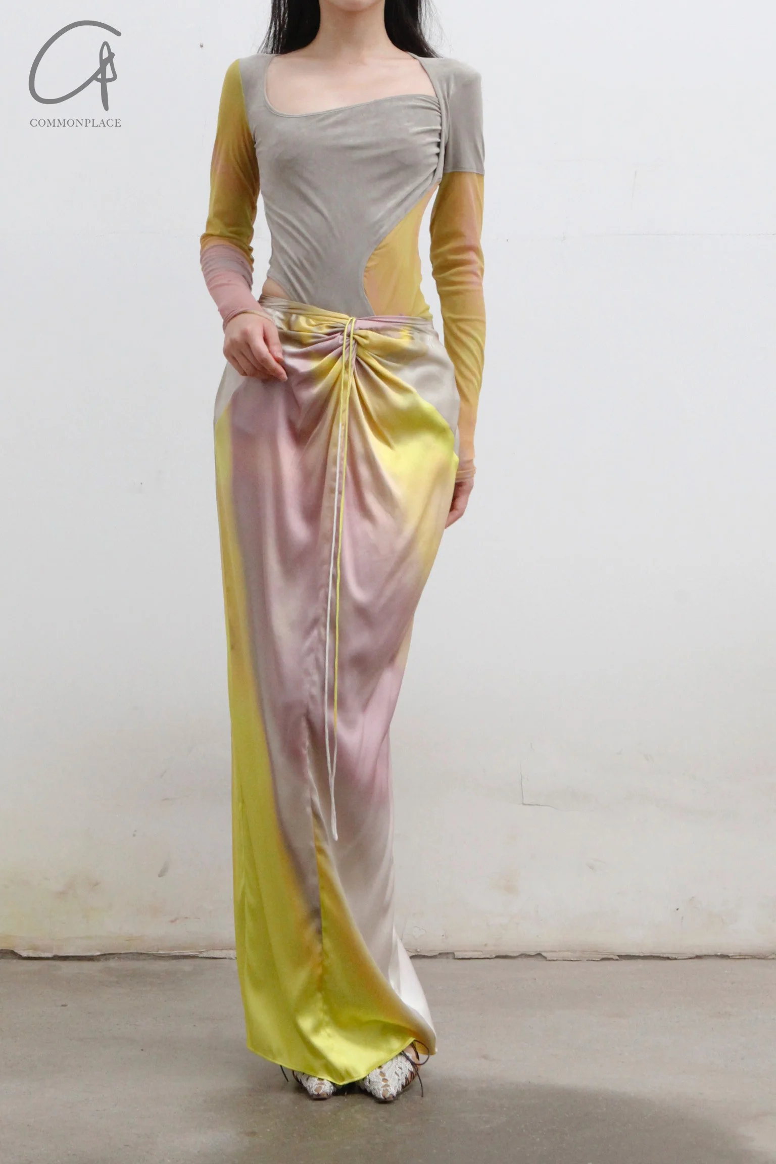 OUDE WAAG Printed Knotted Drape Skirt OW-22SS-SK04 Yellow Grey - Image 3