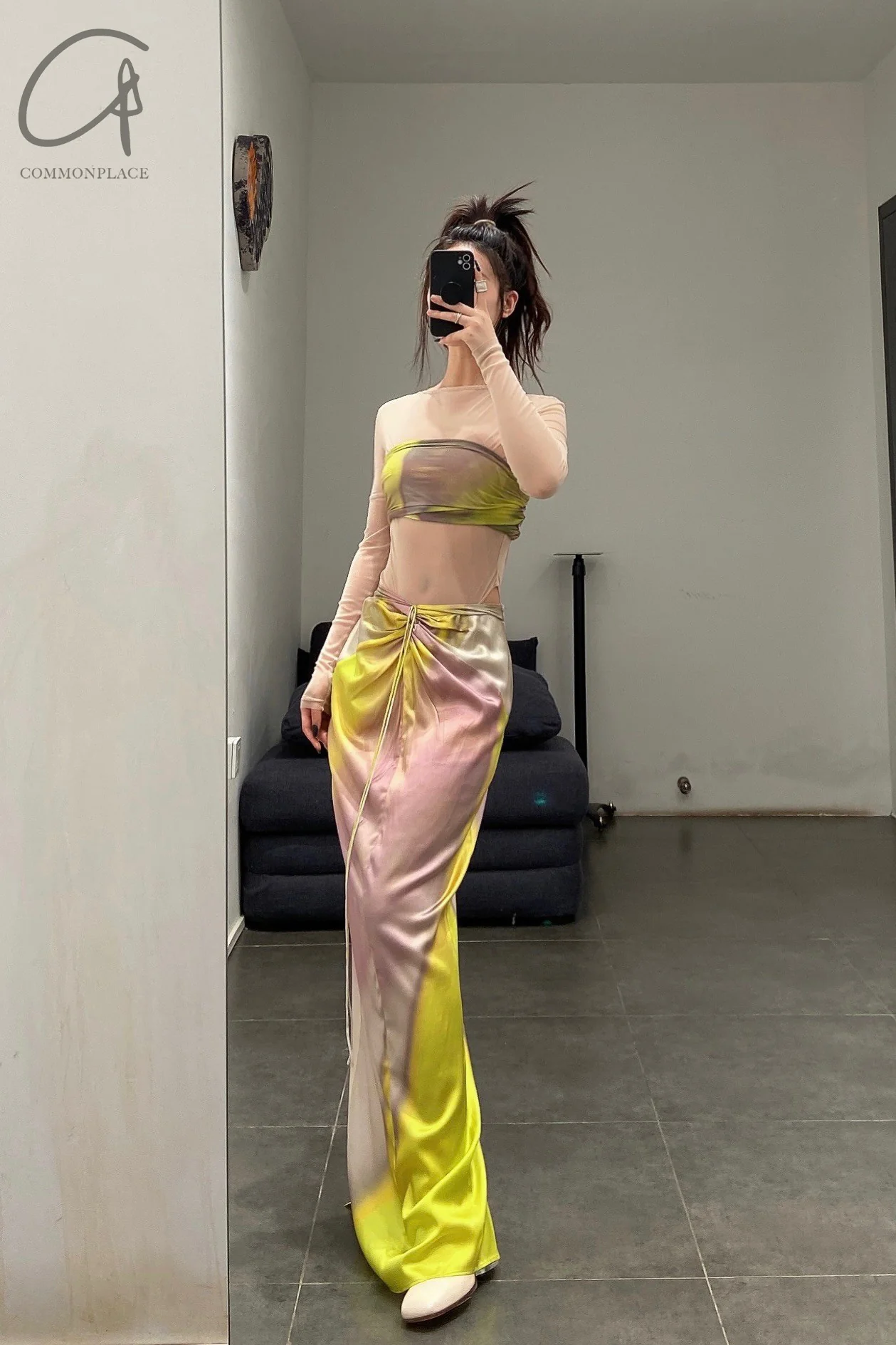 OUDE WAAG Printed Knotted Drape Skirt OW-22SS-SK04 Yellow Grey - Image 39