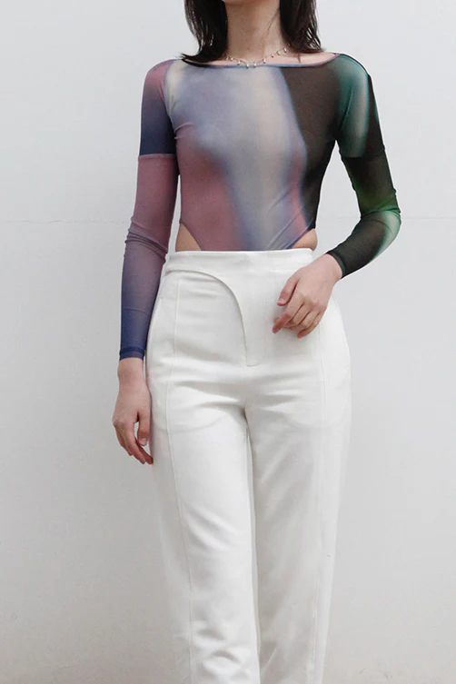 OUDE WAAG Printed Mesh Bodysuit OW-22SS-UW04 Black Purple Green (Print 2) - Image 2