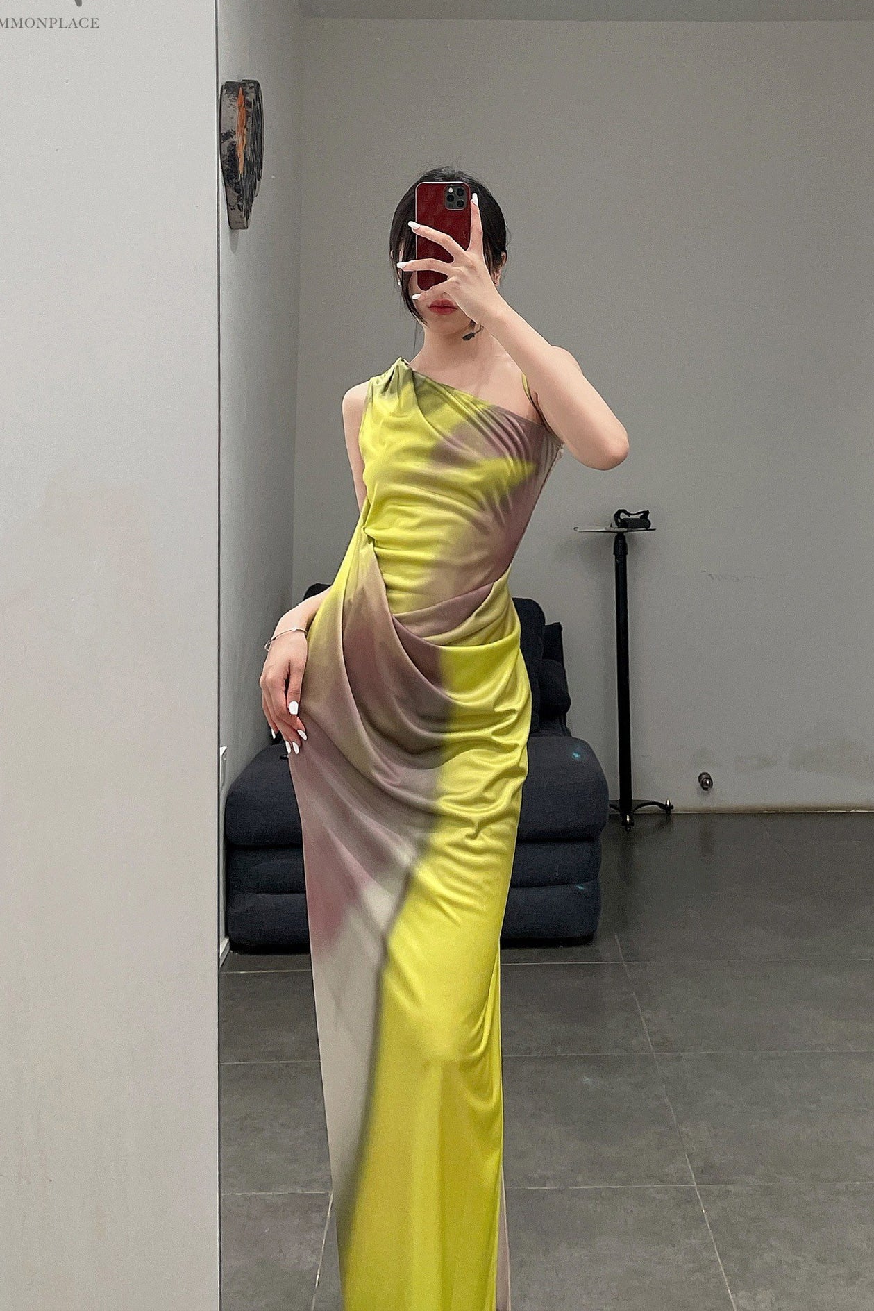 OUDE WAAG Printed Slanted Shoulder Drape Dress OW-22SS-DS02 Yellow Grey - Image 11