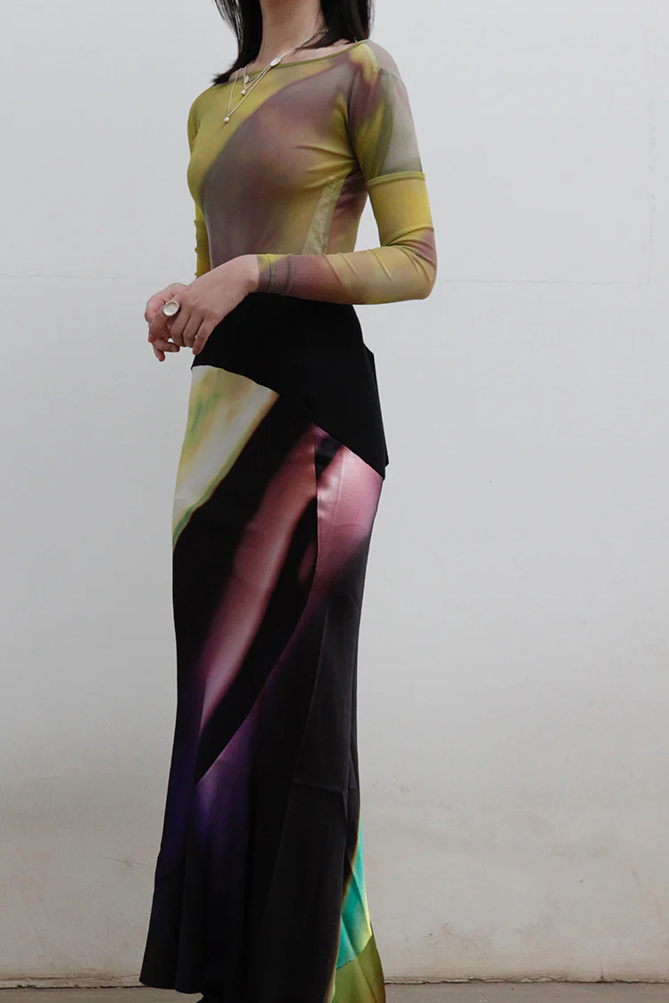 OUDE WAAG Printed Stretch Fishtail Skirt OW-22SS-SK03 Black Green Yellow - Image 26