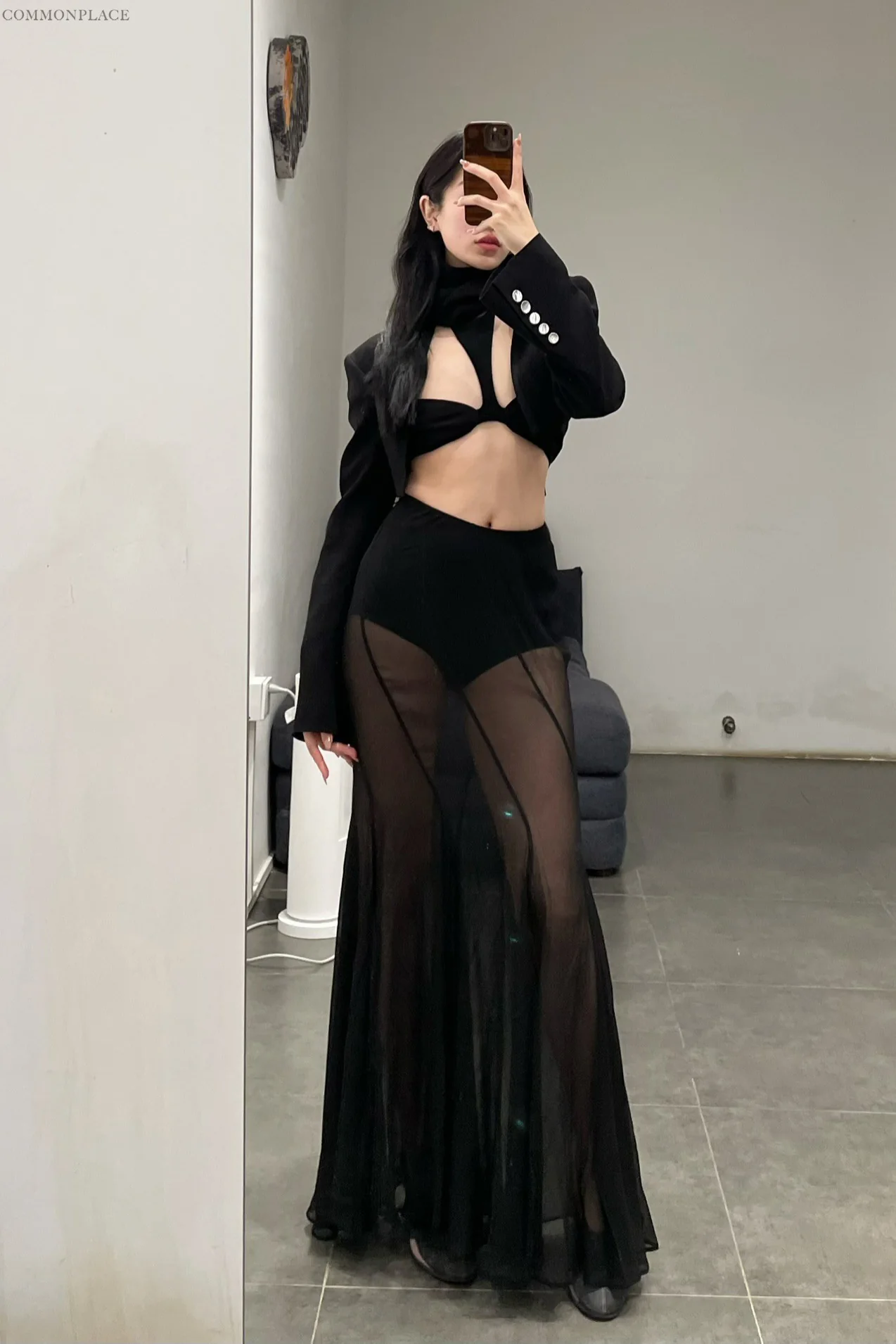 OUDE WAAG silk chiffon double layer fishtail skirt OW-24SS-SK08-HEI black - Image 10