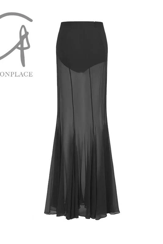 OUDE WAAG silk chiffon double layer fishtail skirt OW-24SS-SK08-HEI black - Image 2