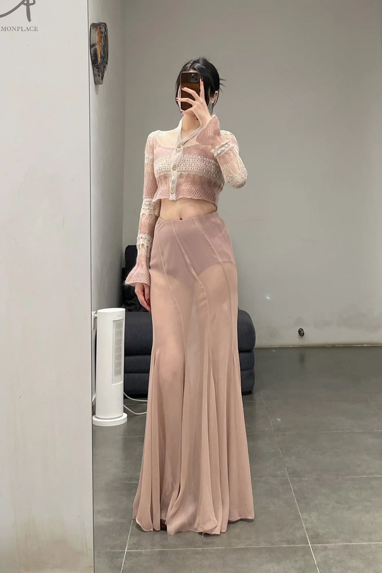 OUDE WAAG silk chiffon double layer fishtail skirt OW-24SS-SK08 light pink - Image 12