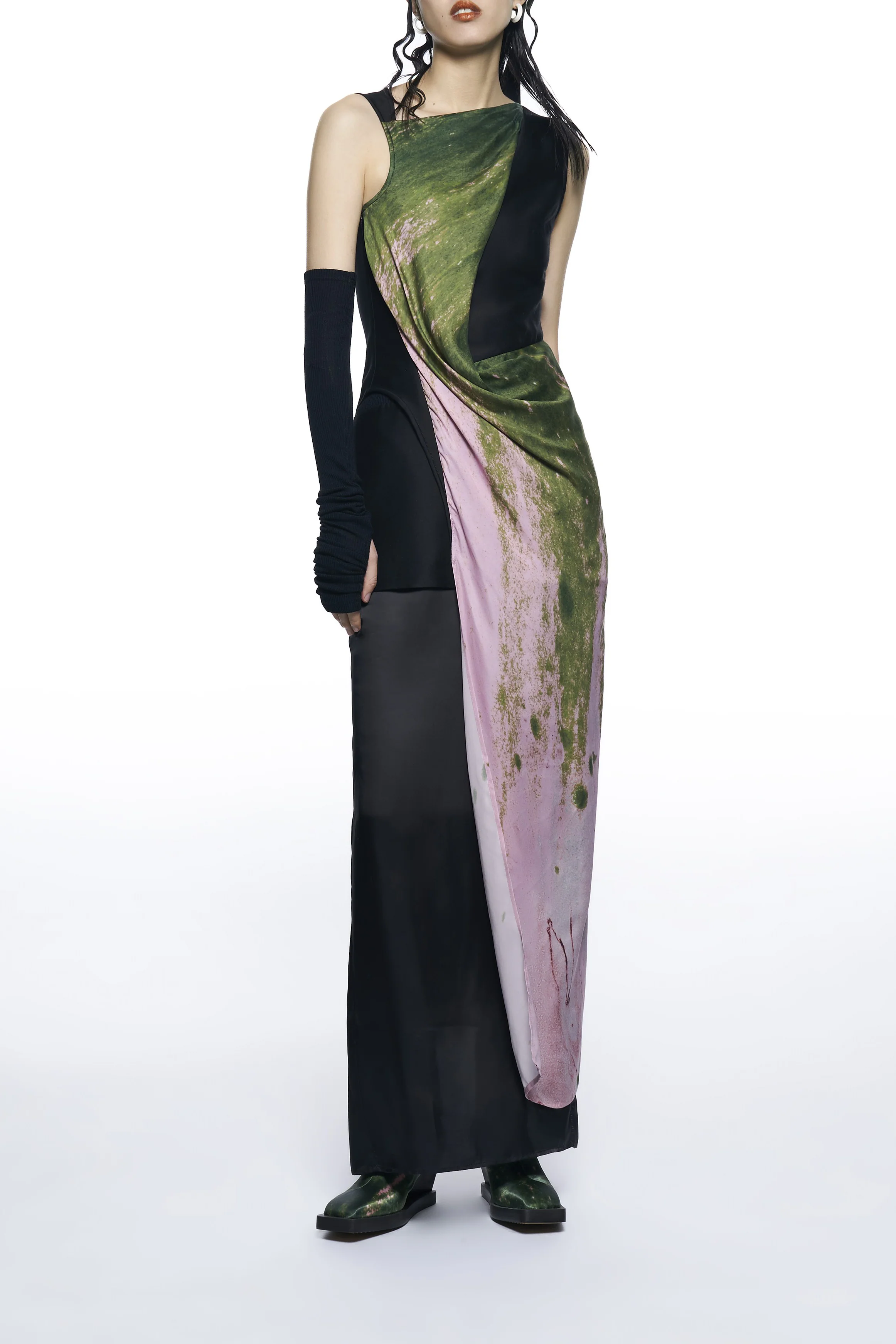 OUDE WAAG silk wool panel drape print dress OW-22AW-DS13-LFYH green pink print - Image 5