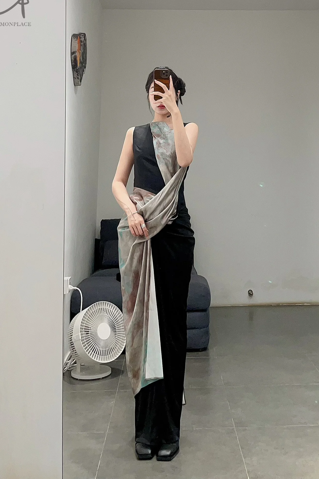 OUDE WAAG Silk Wool Panel Drape Print Dress OW-23AW- DS10P2BUO62 Blue Pink Print OW-23AW- DS10 - Image 9
