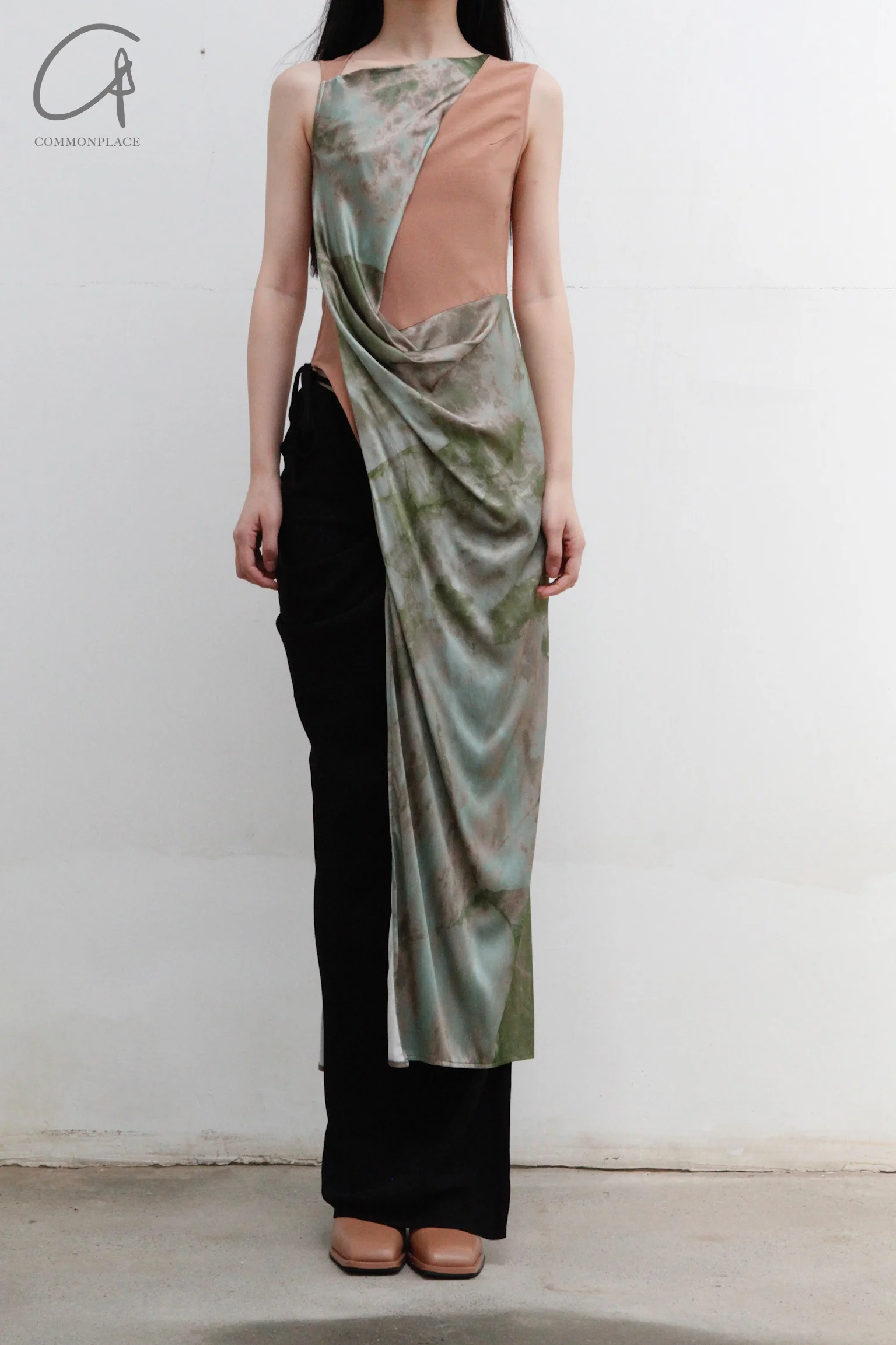 OUDE WAAG Silk Wool Panel Drape Print Dress OW-23AW- DS10P2GRO52 Green Pink Print OW-23AW- DS10